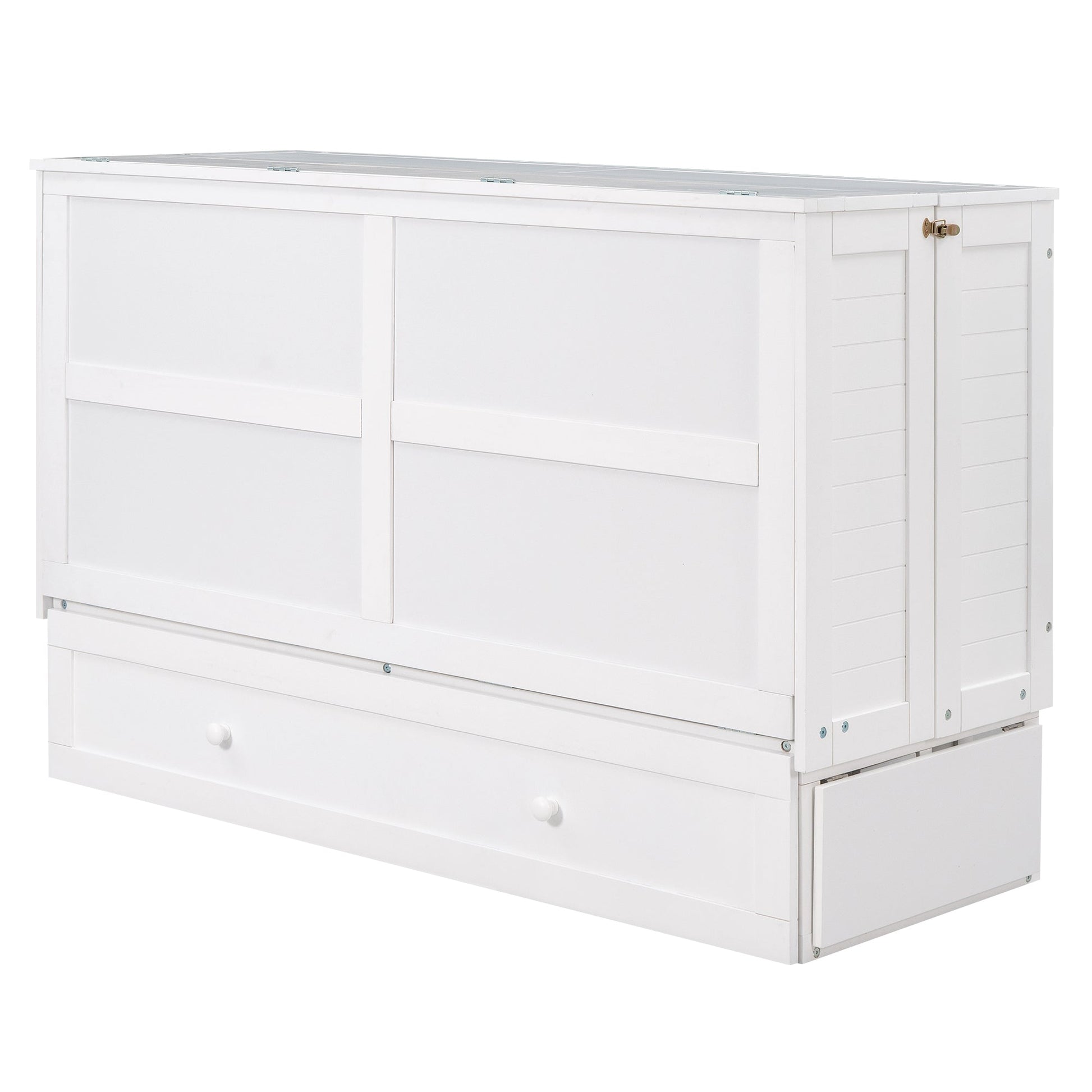 Queen Size Mobile Murphy Bed with Drawer and Little Shelves on Each Side White - Korvel