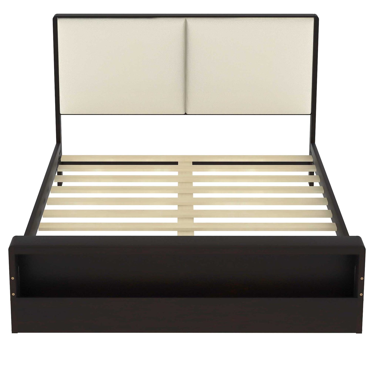 Queen Size Platform Bed Frame with Upholstery Headboard and Bookshelf in Footboard and LED Light Strips, Espresso - Korvel