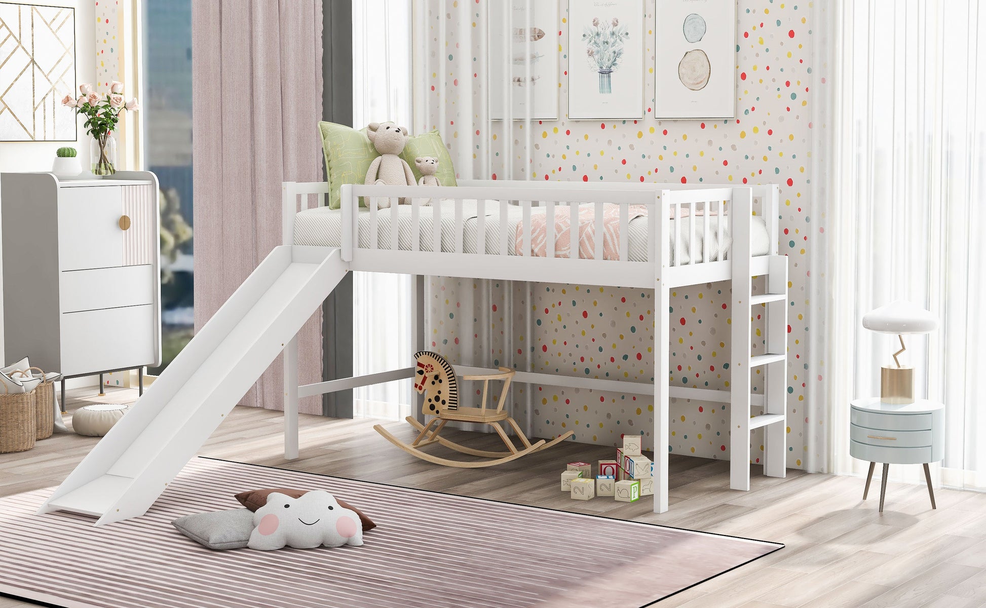 Twin Size Low Loft Bed with Ladder and Slide White - Korvel