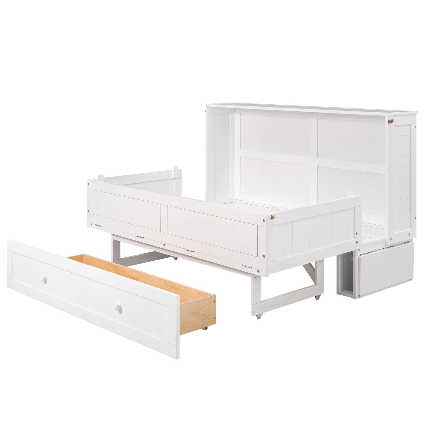Queen Size Mobile Murphy Bed with Drawer and Little Shelves on Each Side White - Korvel