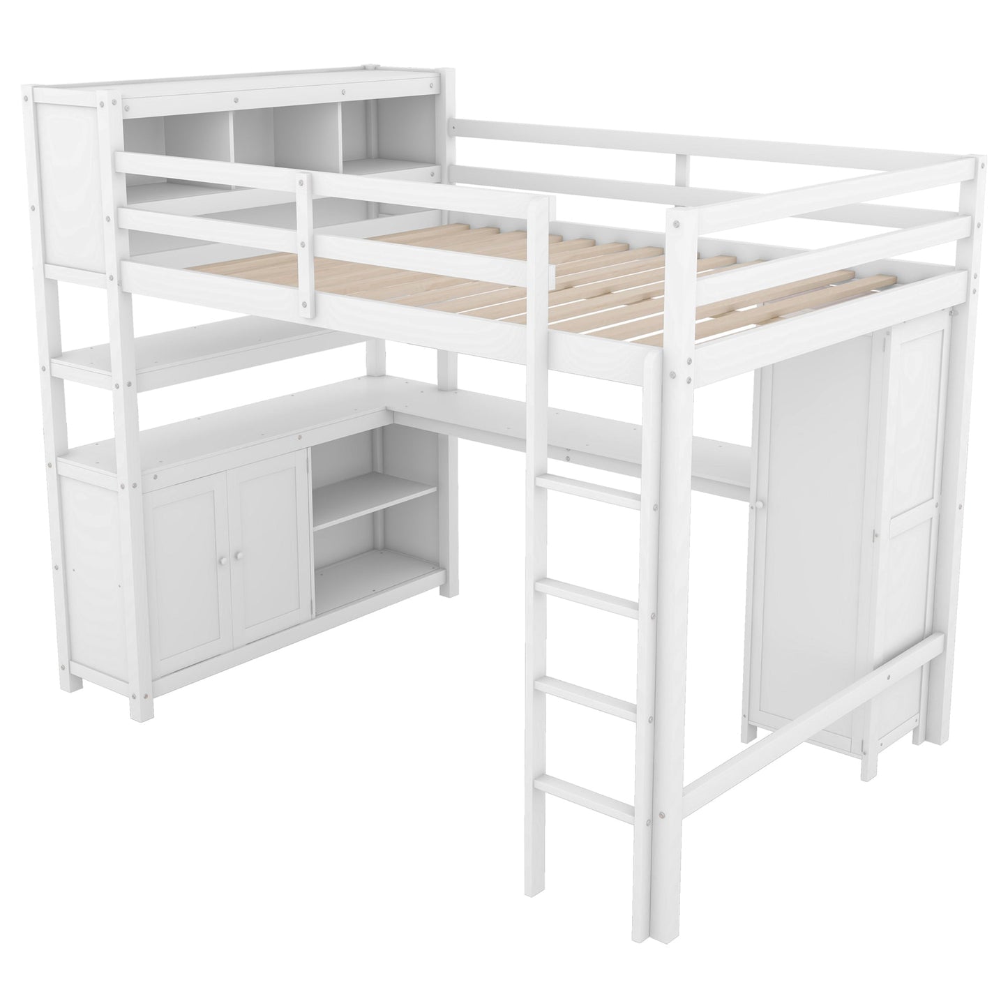 Wood Loft Bed with Cabinet and Bookshelf, Full Size Loft with Wardrobe and Desk for Kids,White - Korvel
