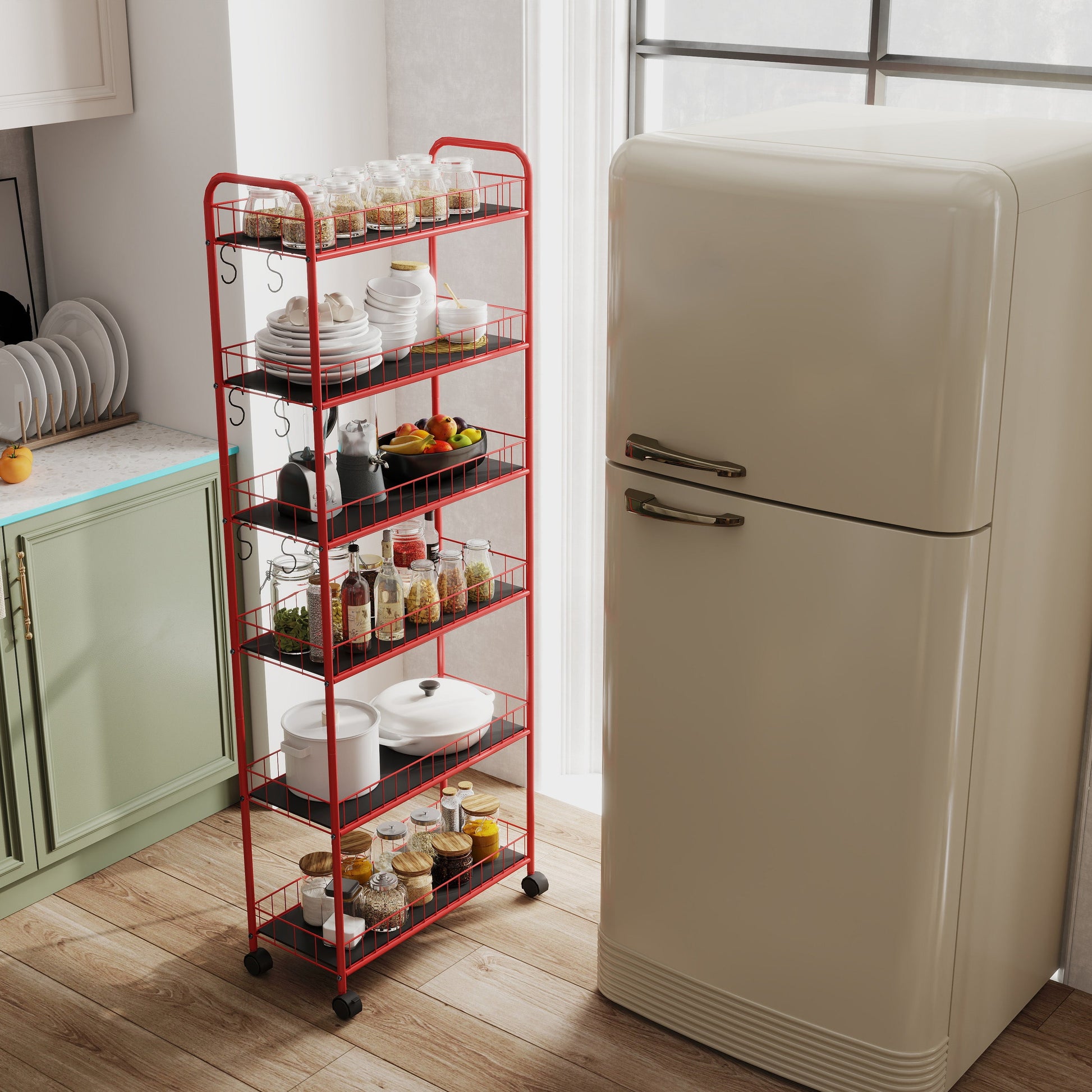 Red 6-story ultra-thin rolling storage cart, mobile shelves with wheels, metal wire storage rack with baskets - Korvel