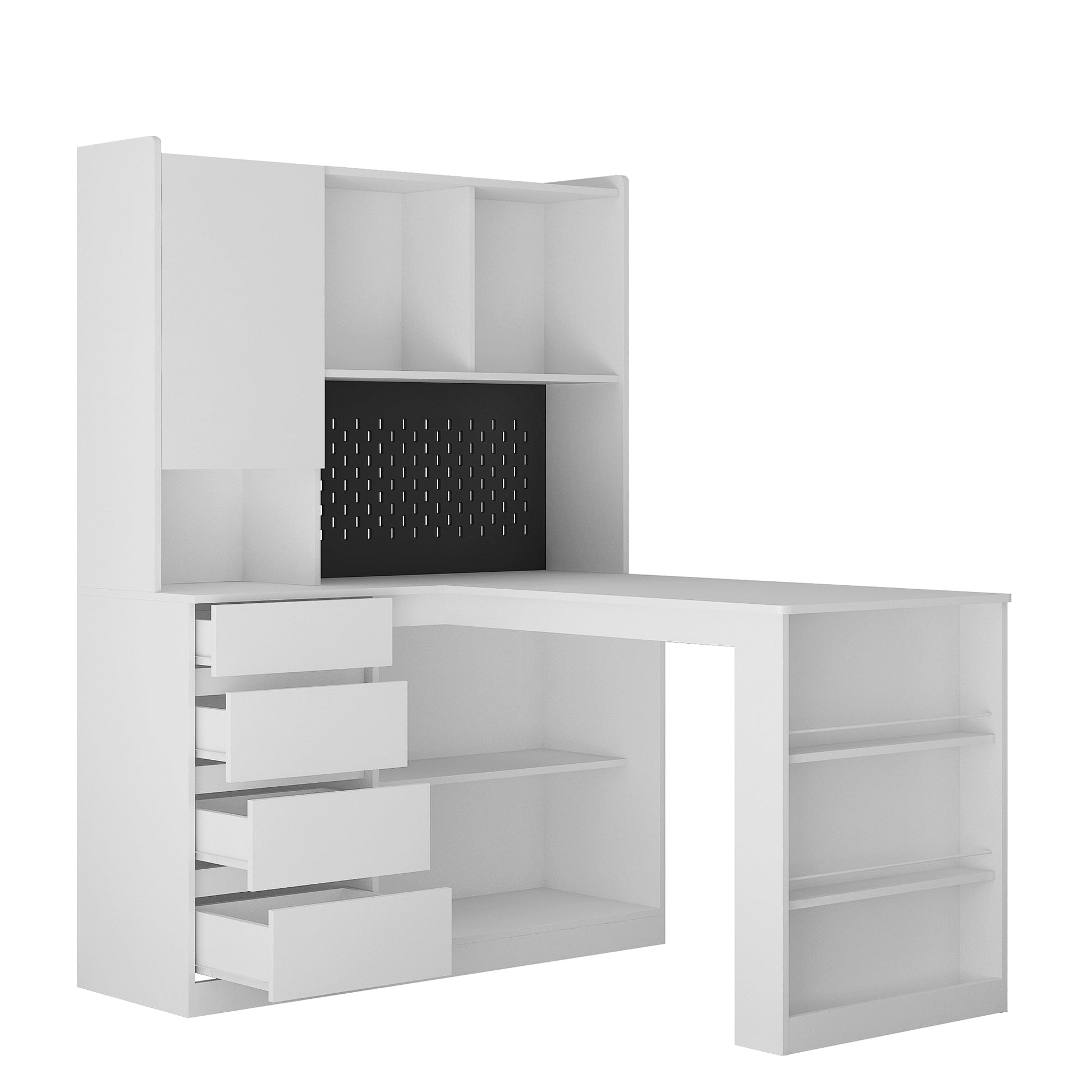 L-shaped office desk with charger, bookshelf with drawers and LED lights, and corner gaming computer desk with storage space - Korvel