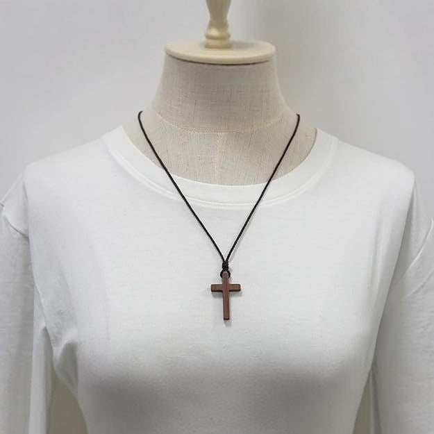Light coffee walnut black walnut solid wood cross pendant necklace sweater chain for women - Korvel