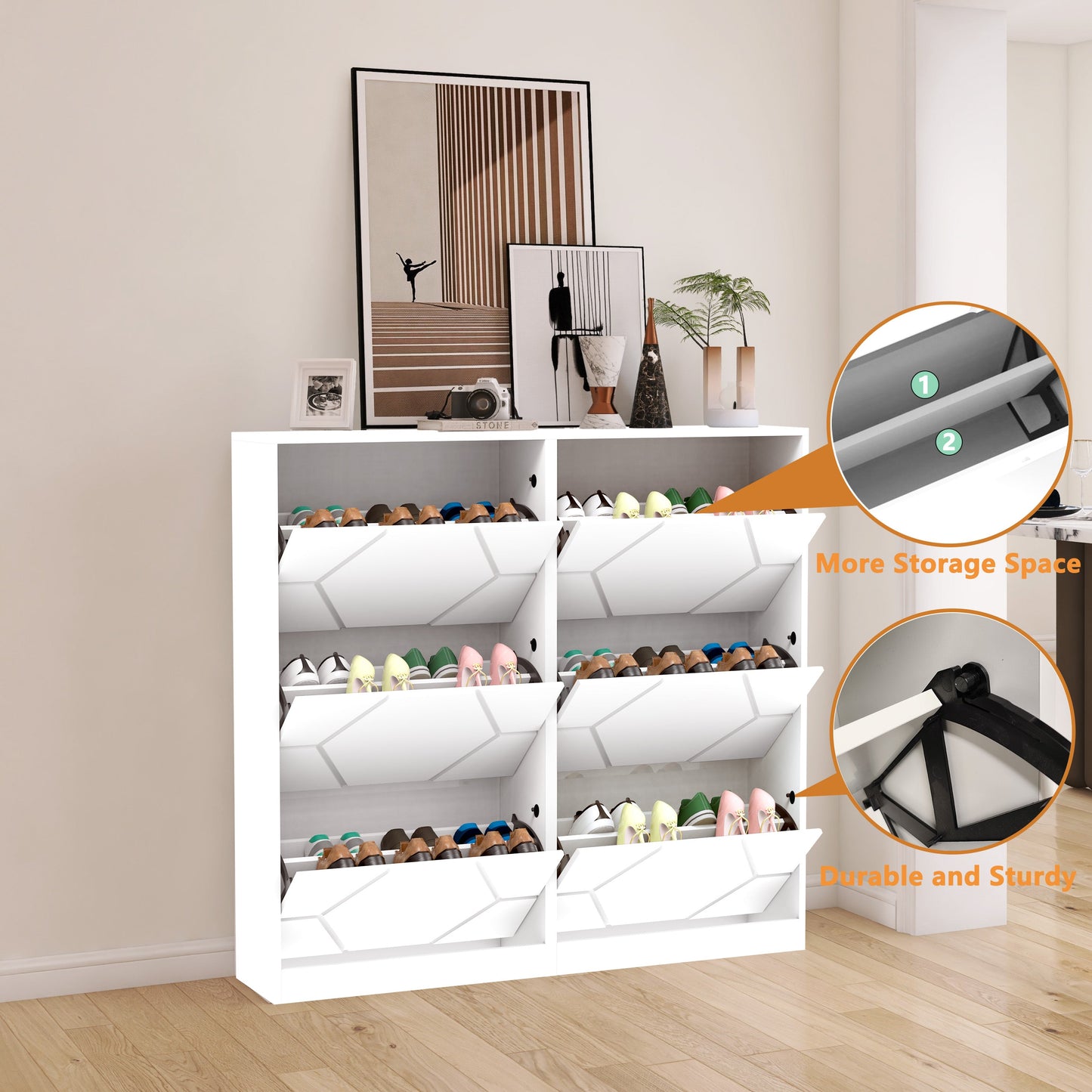 Shoe Storage Cabinet for Entryway, 6 Tiers Shoe Organizer with Carved Panels Vertical Shoe Cabinet for Front Door Entrance - Korvel