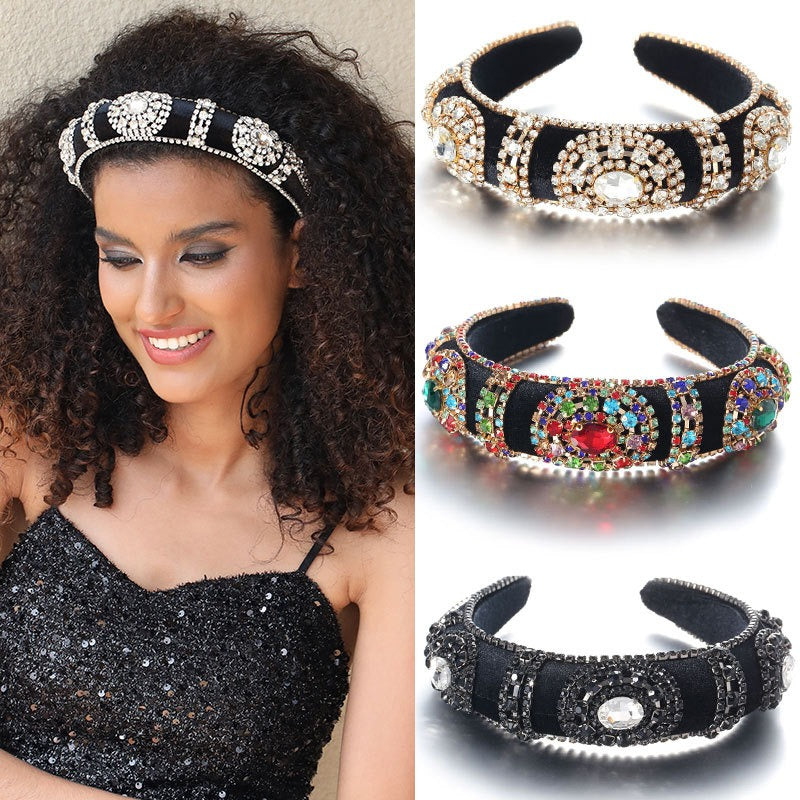 Fashionable retro golden velvet hair hoop with super sparkling color rhinestone sponge head hoop - Korvel