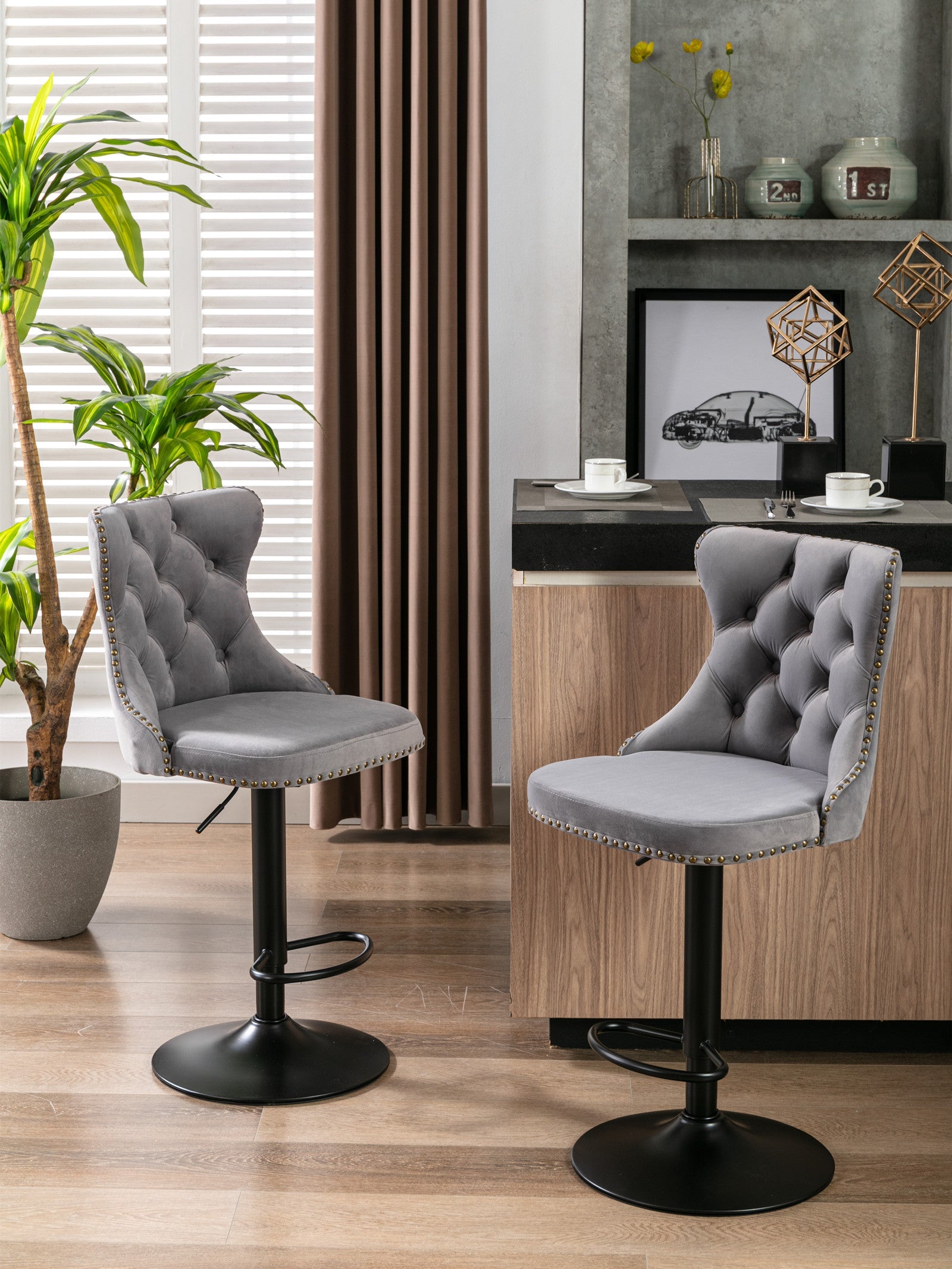 Gray,Set of 2 25-33 Inch,17.7 inch base, Modern Upholstered Bar Stools with Backs Comfortable Tufted for Home Pub and Kitchen - Korvel