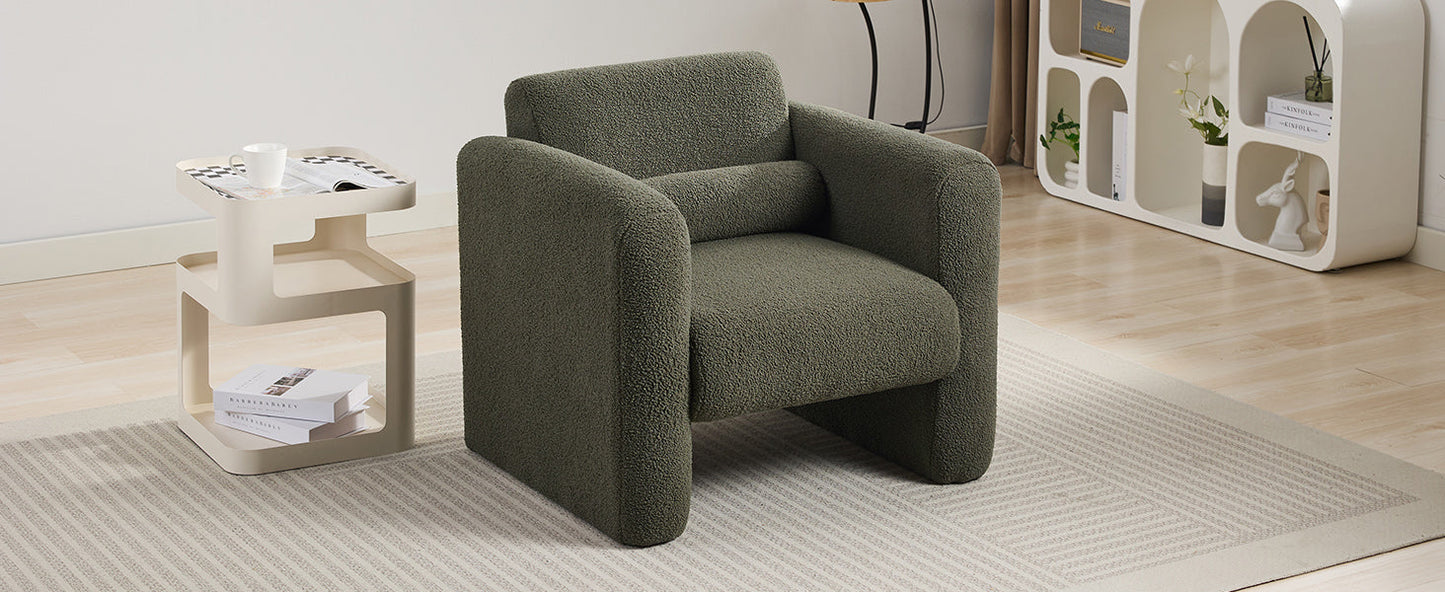 Modern style chair with sheepskin Sherpa fabric soft cushion, comfortable armchair, soft with backrest and pillow, seaweed green - Korvel