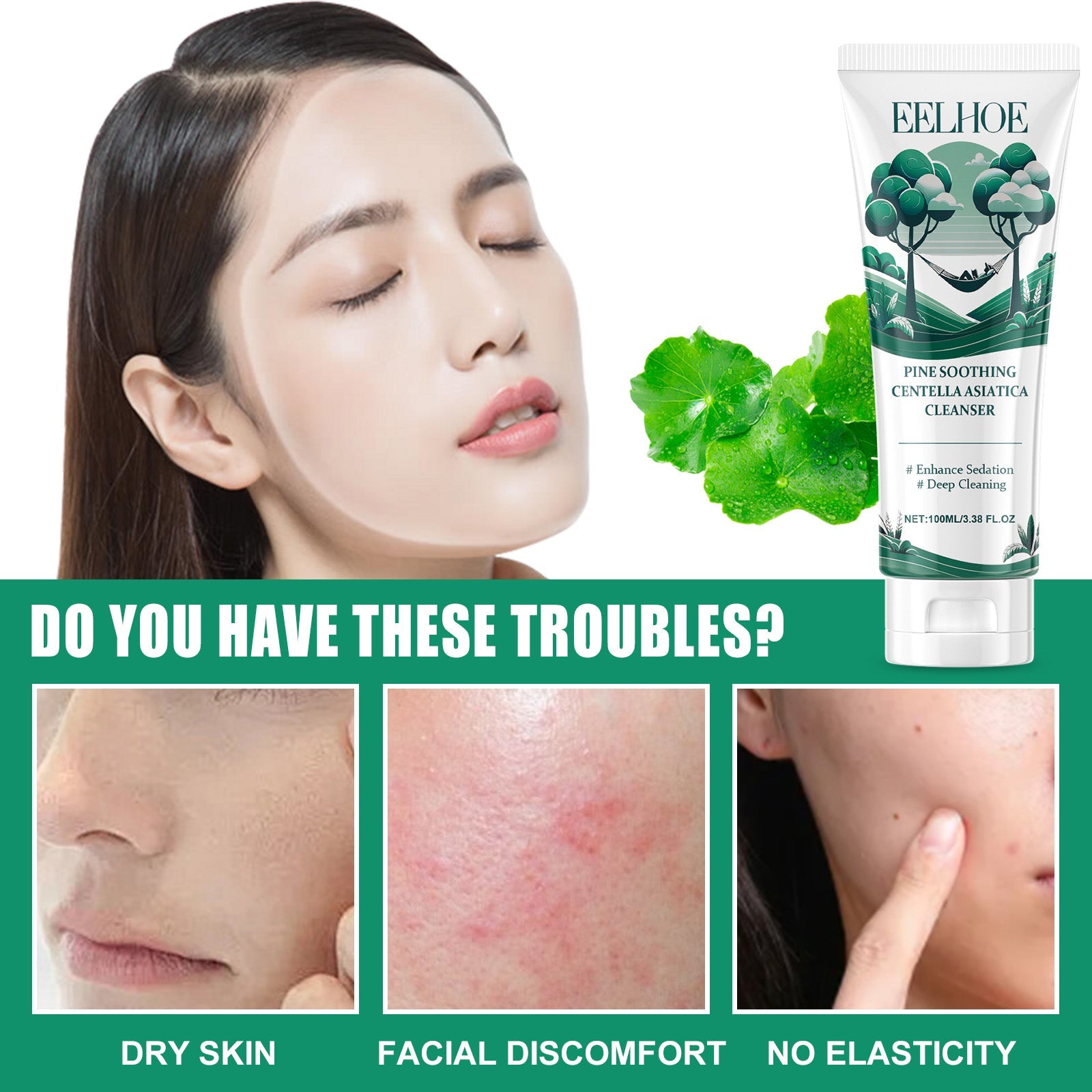 Pine Soothing Centella Asiatica Cleanser, Deep Clear Pores Soft Moisturizing Skin Moisturizing Non-Tight Cleanser - Korvel