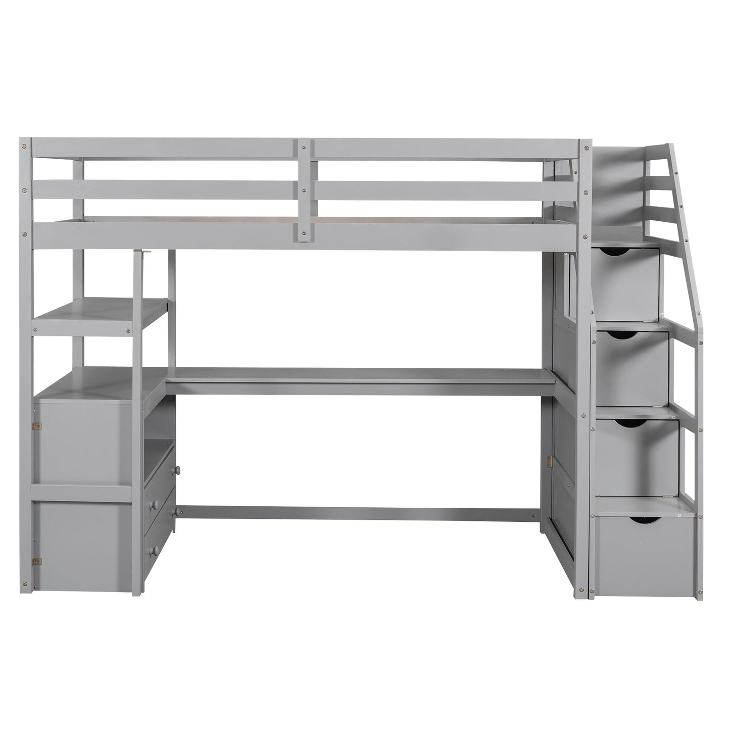 Twin Size Loft Bed with Desk and Shelves Two Built-in Drawers, Storage Staircase Gray - Korvel