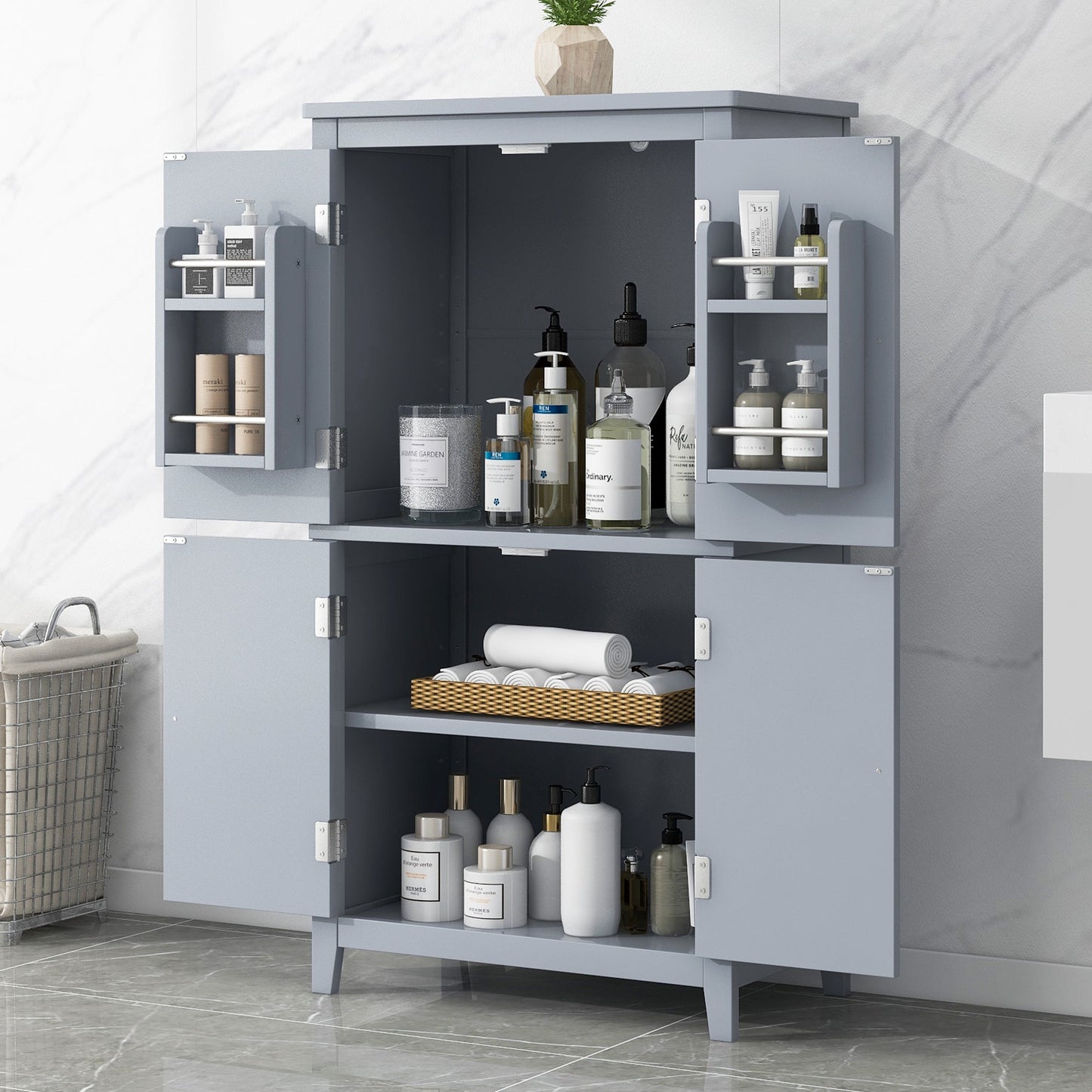 Bathroom floor storage cabinet, bathroom storage cabinet, 4-door independent cabinet, adjustable shelf, adaptive shelf, gray - Korvel