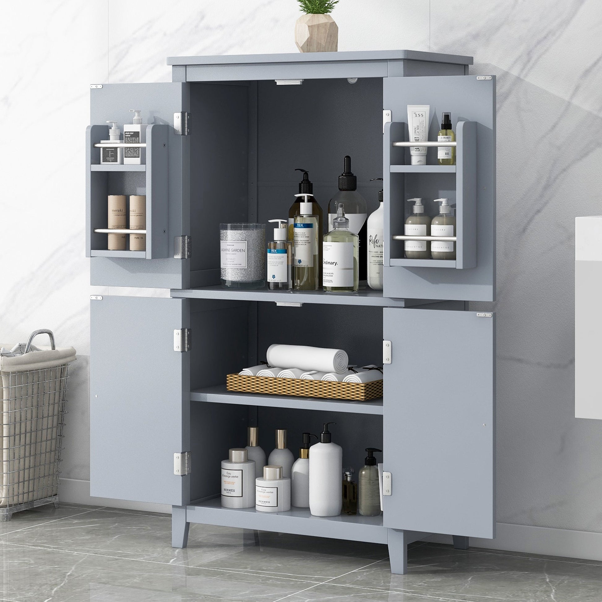 Bathroom floor storage cabinet, bathroom storage cabinet, 4-door independent cabinet, adjustable shelf, adaptive shelf, gray - Korvel