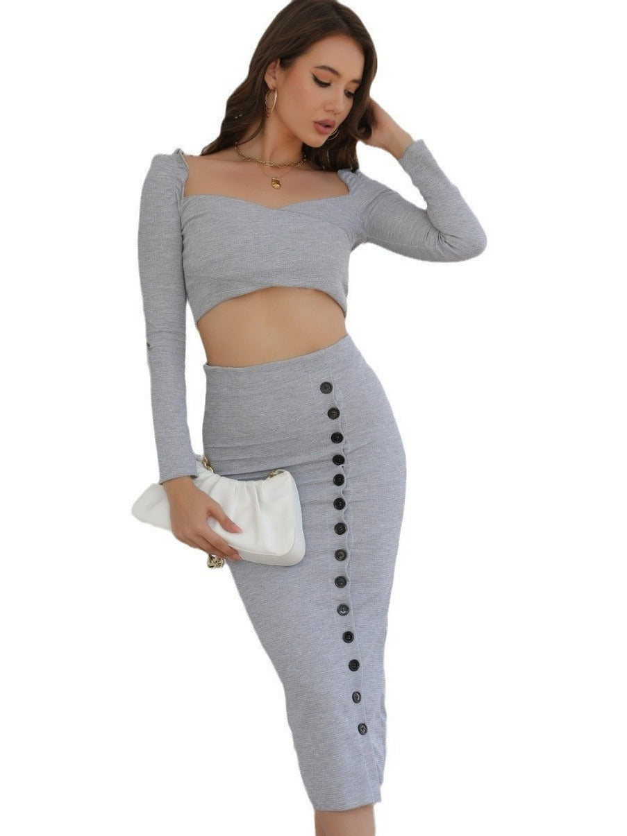 Chic Knitted Dress Set - Long Sleeve Top & Bodycon Skirt