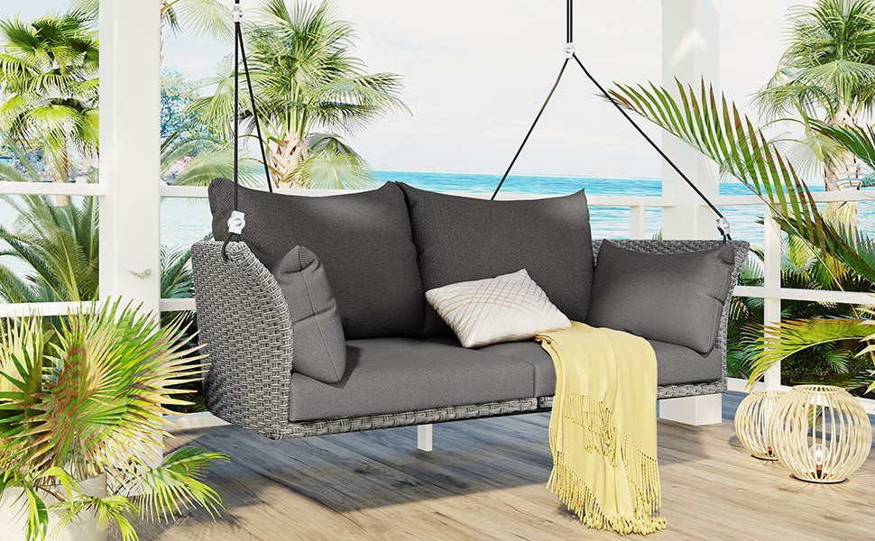 GO 51.9" 2-Person Hanging Seat, Rattan Woven Swing Chair, Porch Swing With Ropes, Gray Wicker And Cushion - Korvel