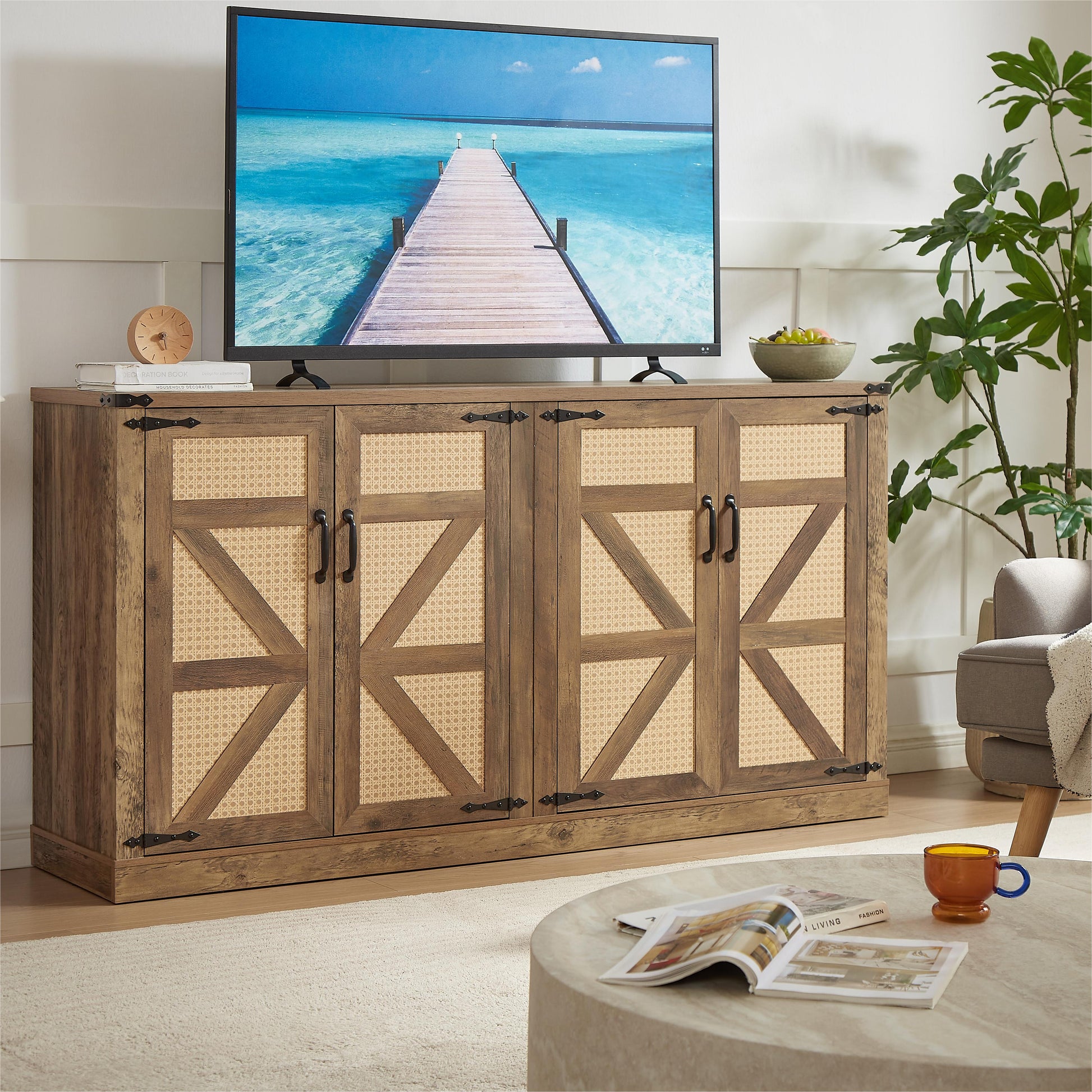 65-Inch Rustic Oak Color Faux Rattan Sideboard, Barn Door Rustic Style Sideboard, Living Room, Entryway, Bedroom - Korvel