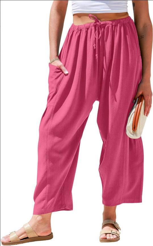 Pantalons larges en coton et lin taille haute pour femmes