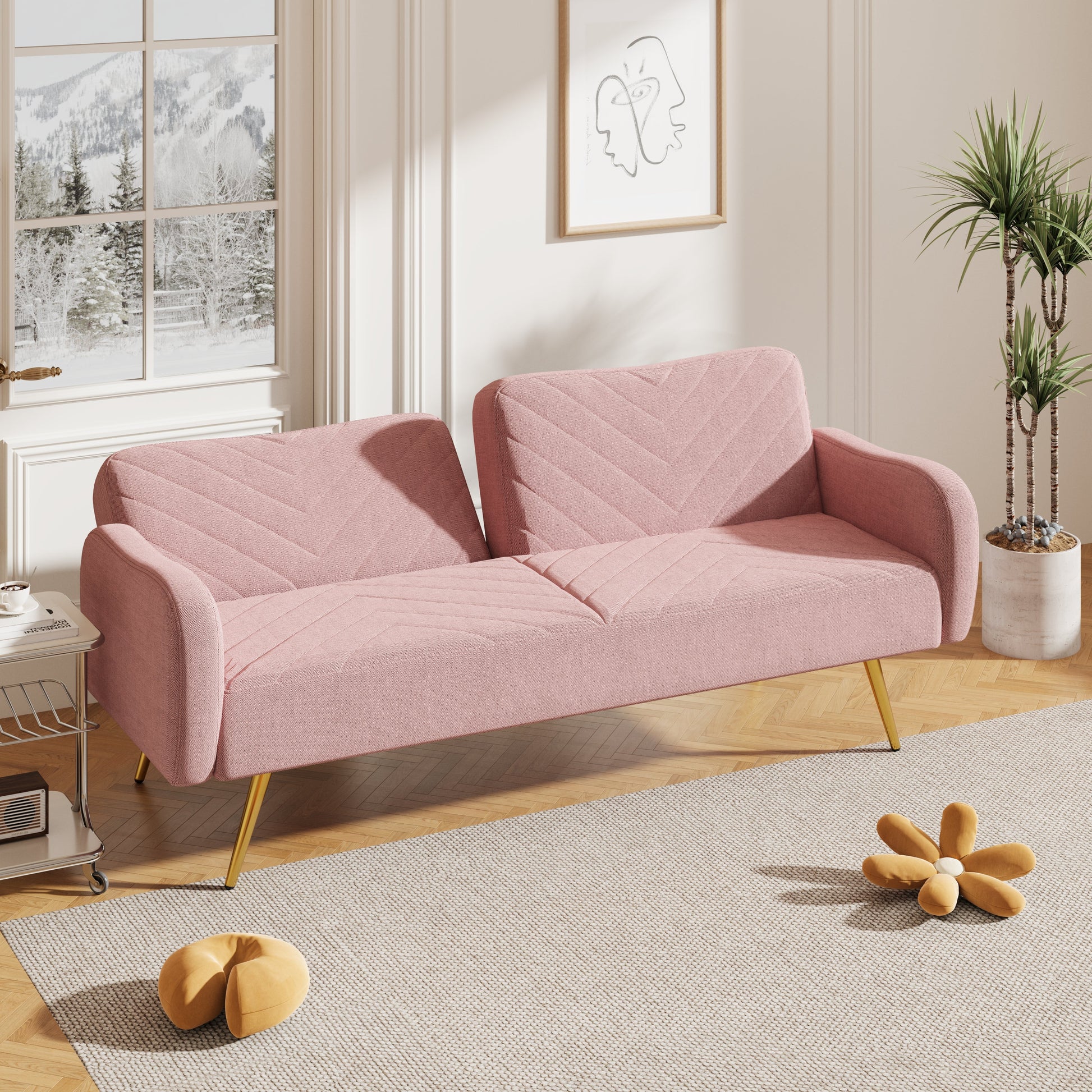 70.47" Pink Fabric Double Sofa with Split Backrest and Two Throw Pillows - Korvel