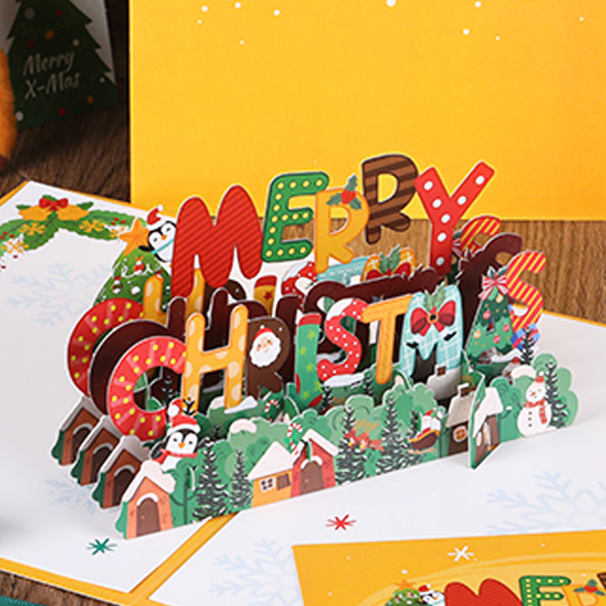 Carte de vœux de Noël 3D avec design de pingouin et d'arbre