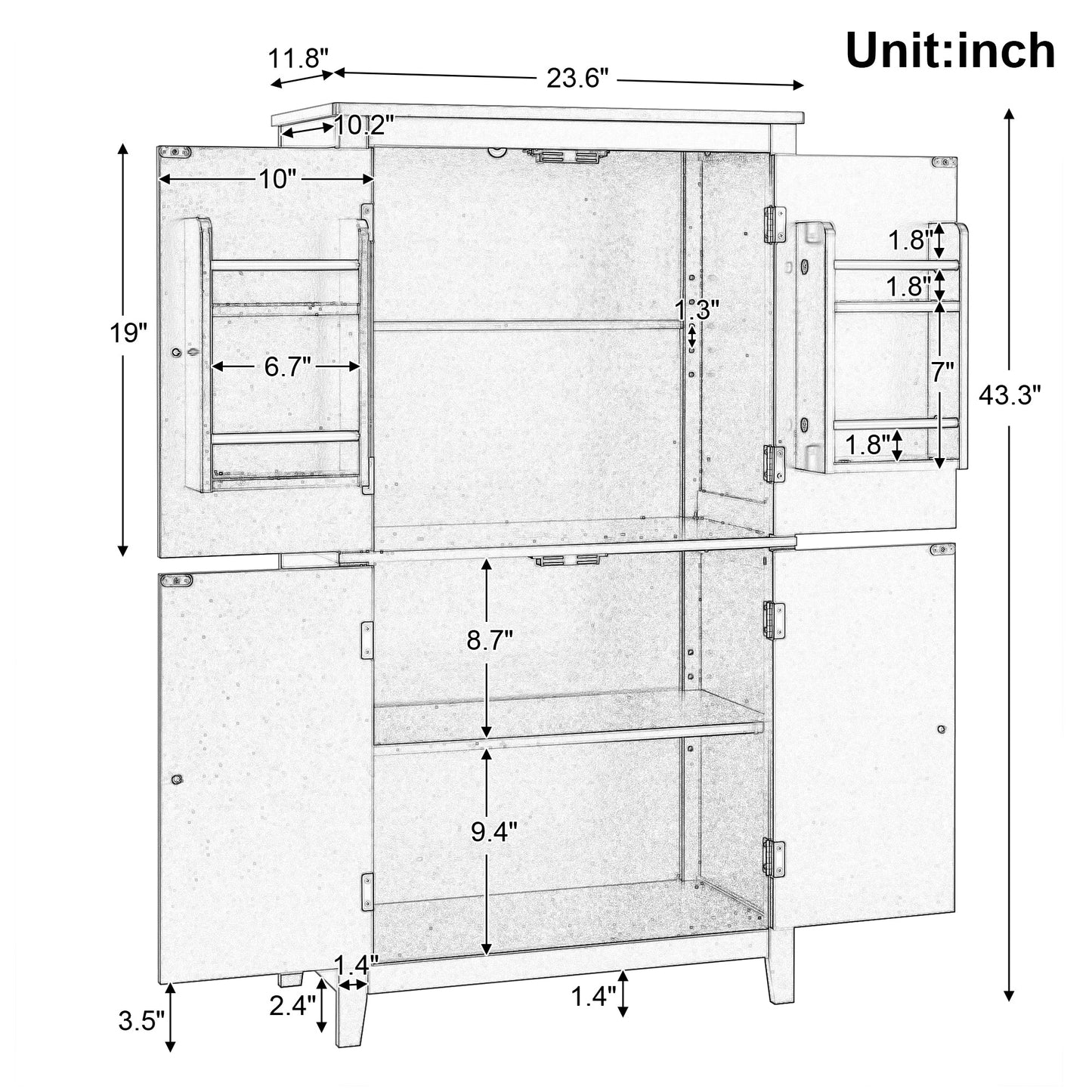 Bathroom floor storage cabinet, bathroom storage unit, 4-door independent cabinet, adjustable shelf, adaptive shelf, white - Korvel