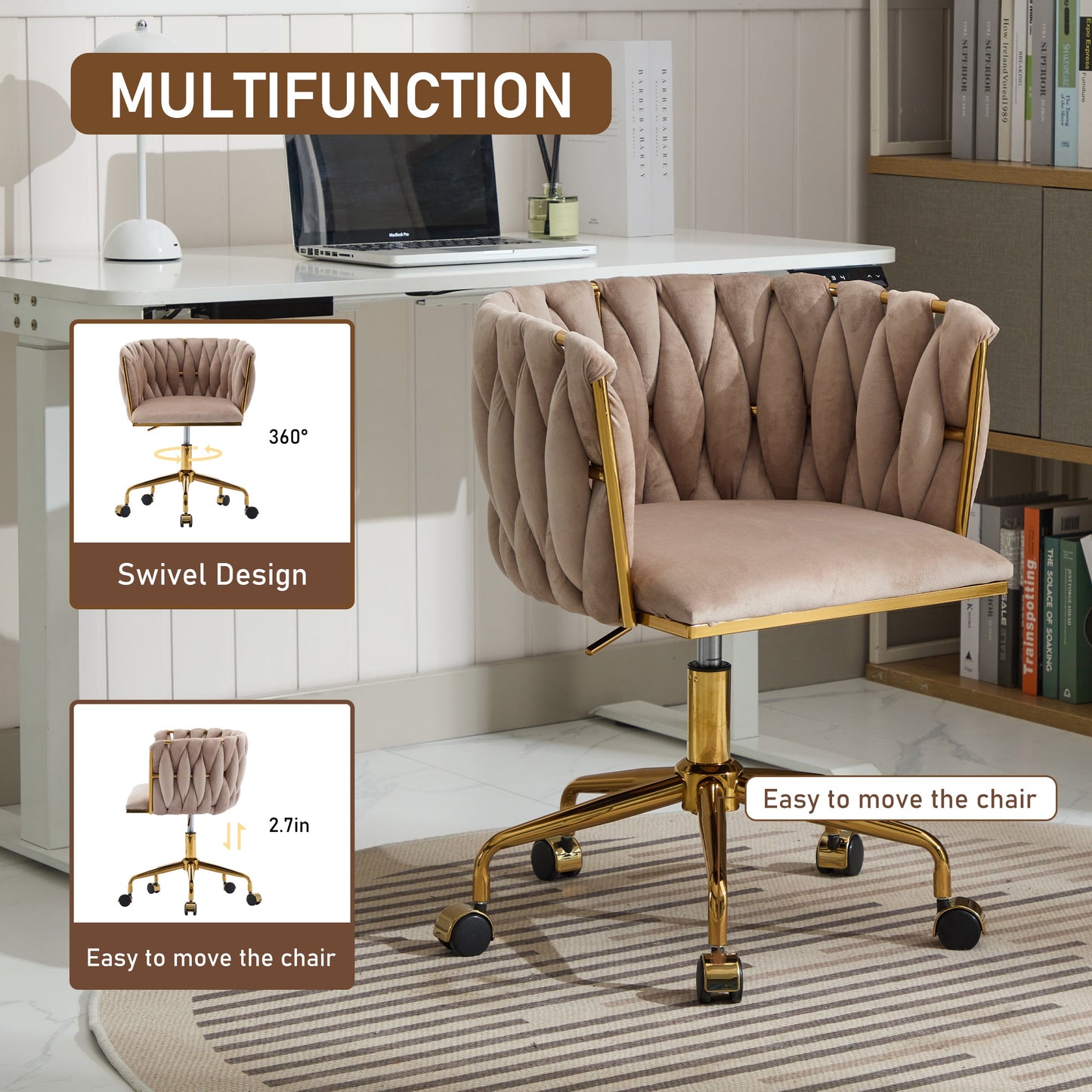 Velvet Accent Chair with Wheels and Hand Woven Backrest