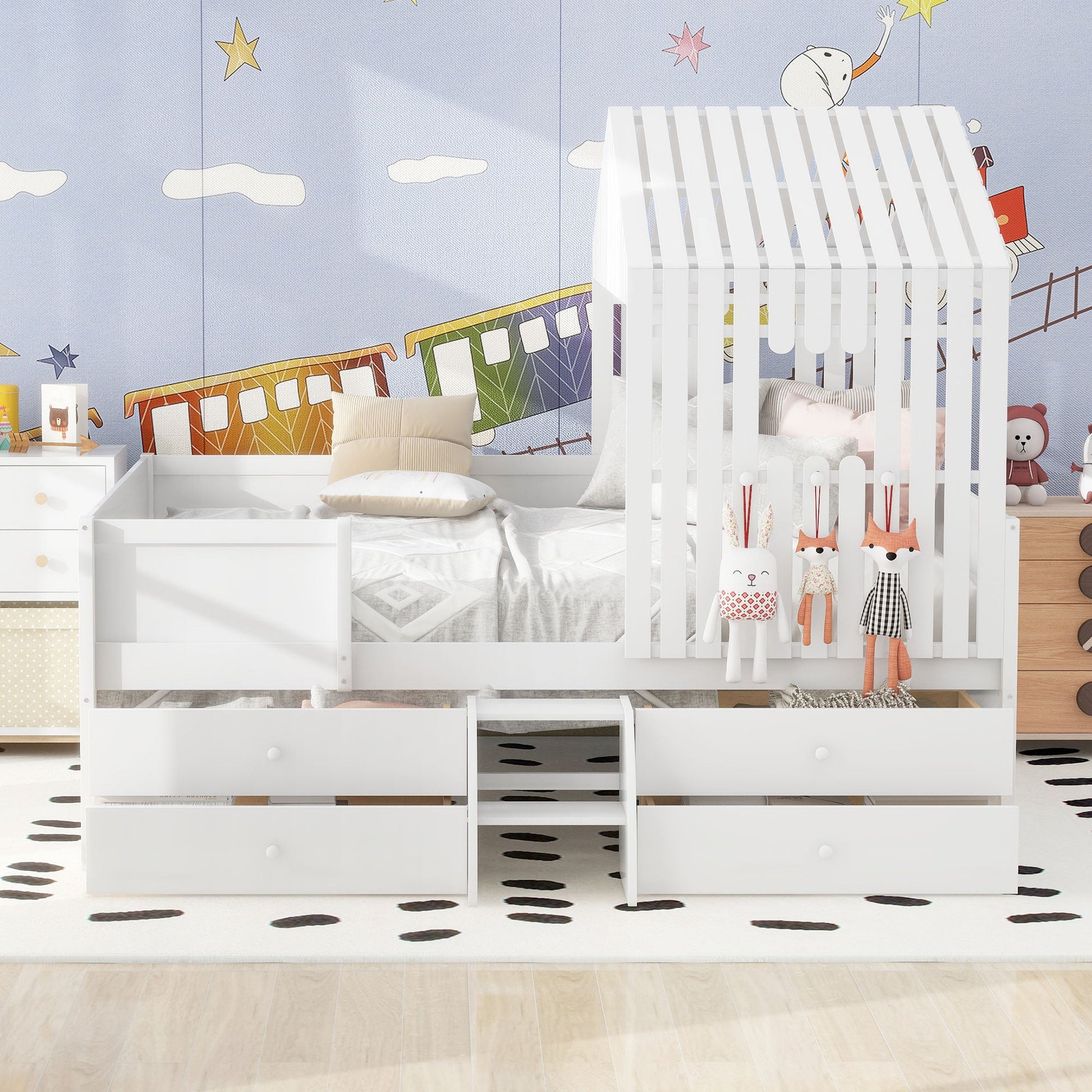 Full Size House Low Loft Bed with Four Drawers,White - Korvel