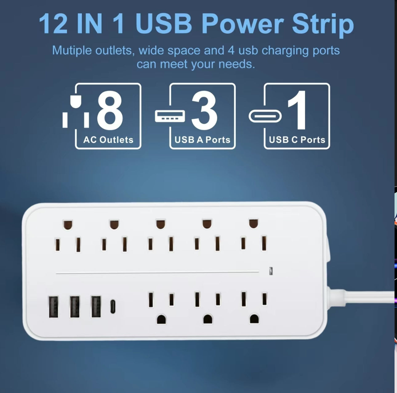 FlatCharge 8-Outlet Power Strip with USB Ports