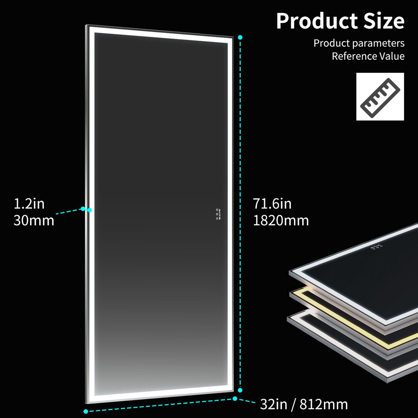 72x32 Inch LED Bathroom Mirror with 3 Color Modes
