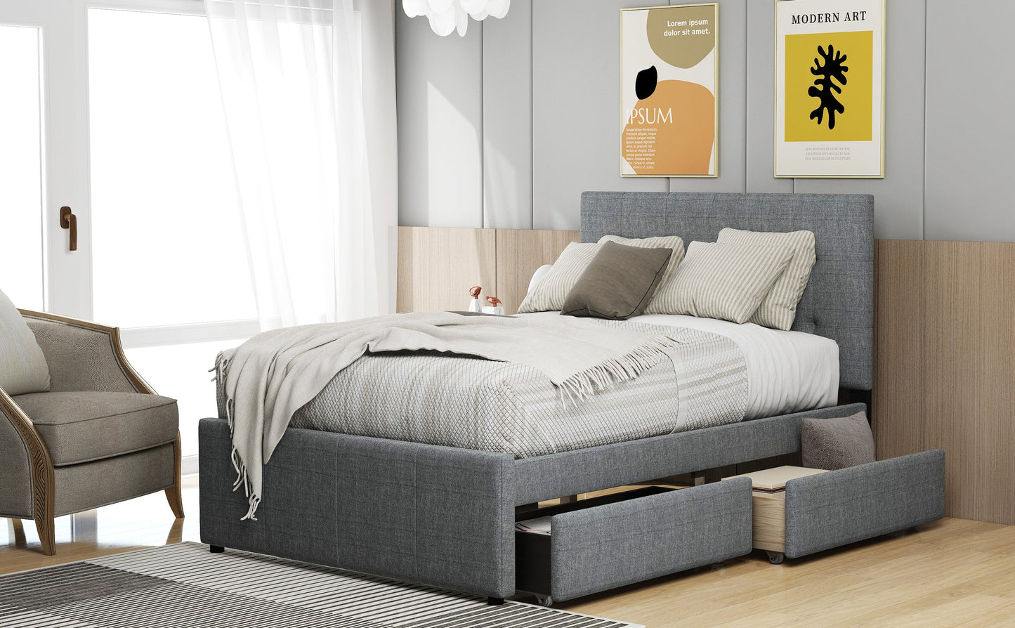 Linen Upholstered Platform Bed With Headboard and Two Drawers Full - Korvel