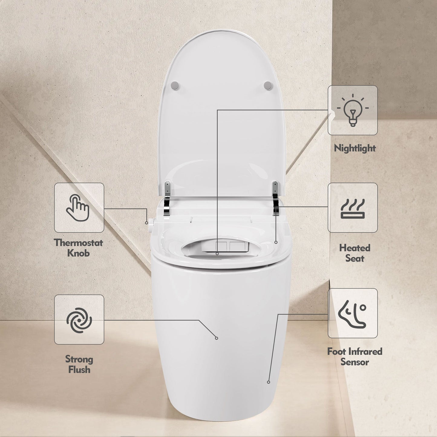 Heated seat intelligent toilet, integrated toilet, automatic flushing water tank toilet, with foot sensor flushing, white night - Korvel