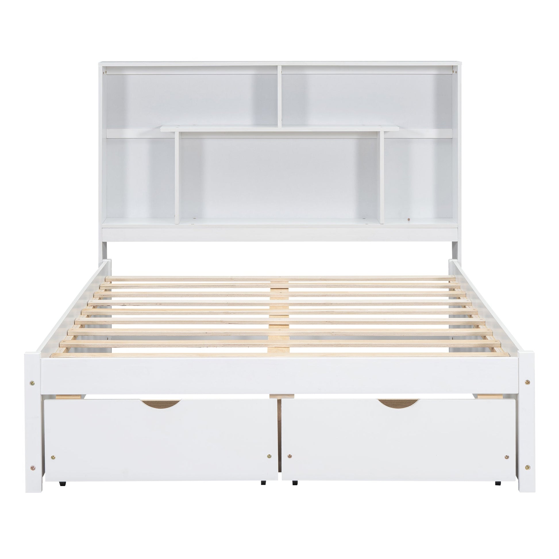 Full Size Platform Bed with Storage Headboard and 2 Drawers, White - Korvel