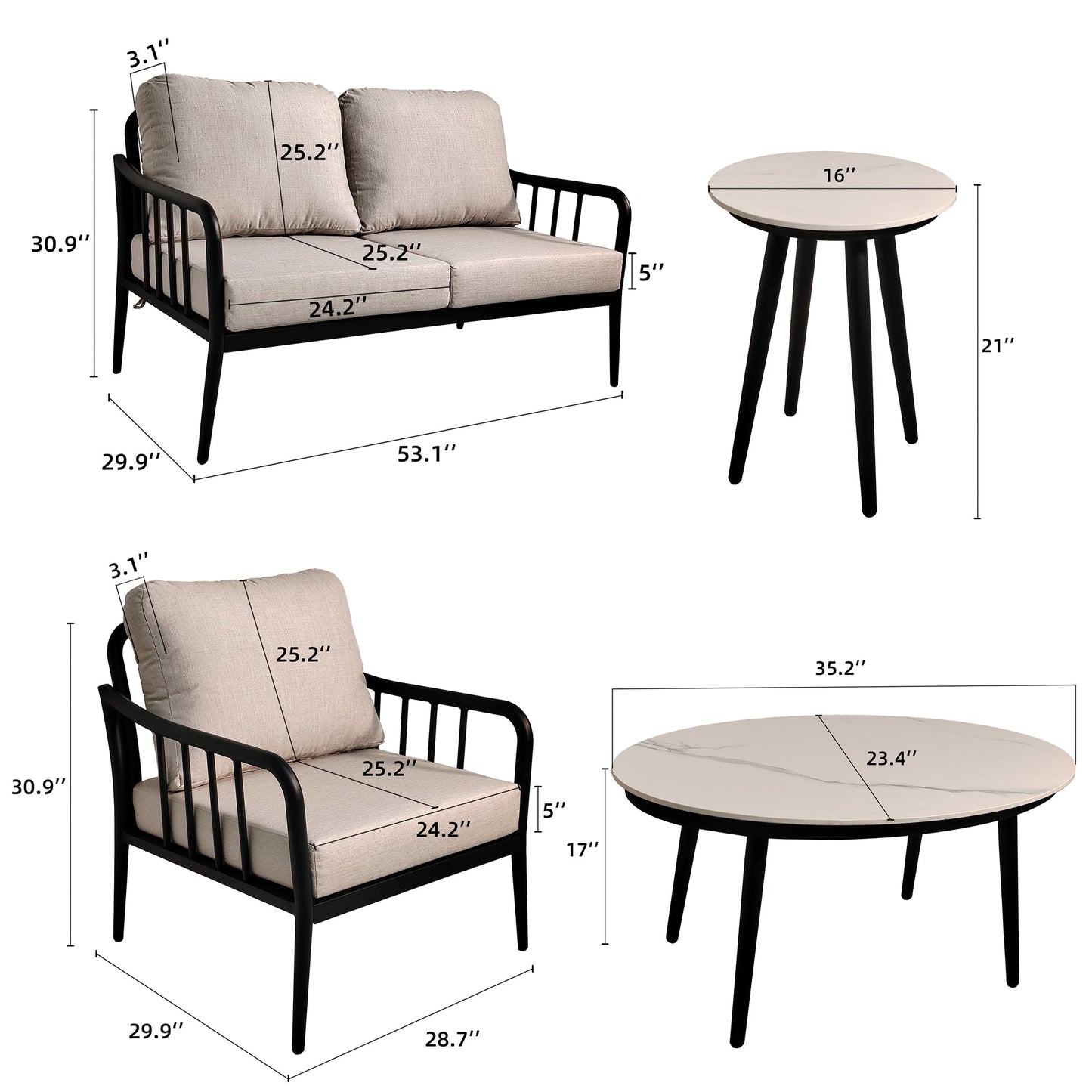 Ensemble de conversation de patio en aluminium moderne 5PC