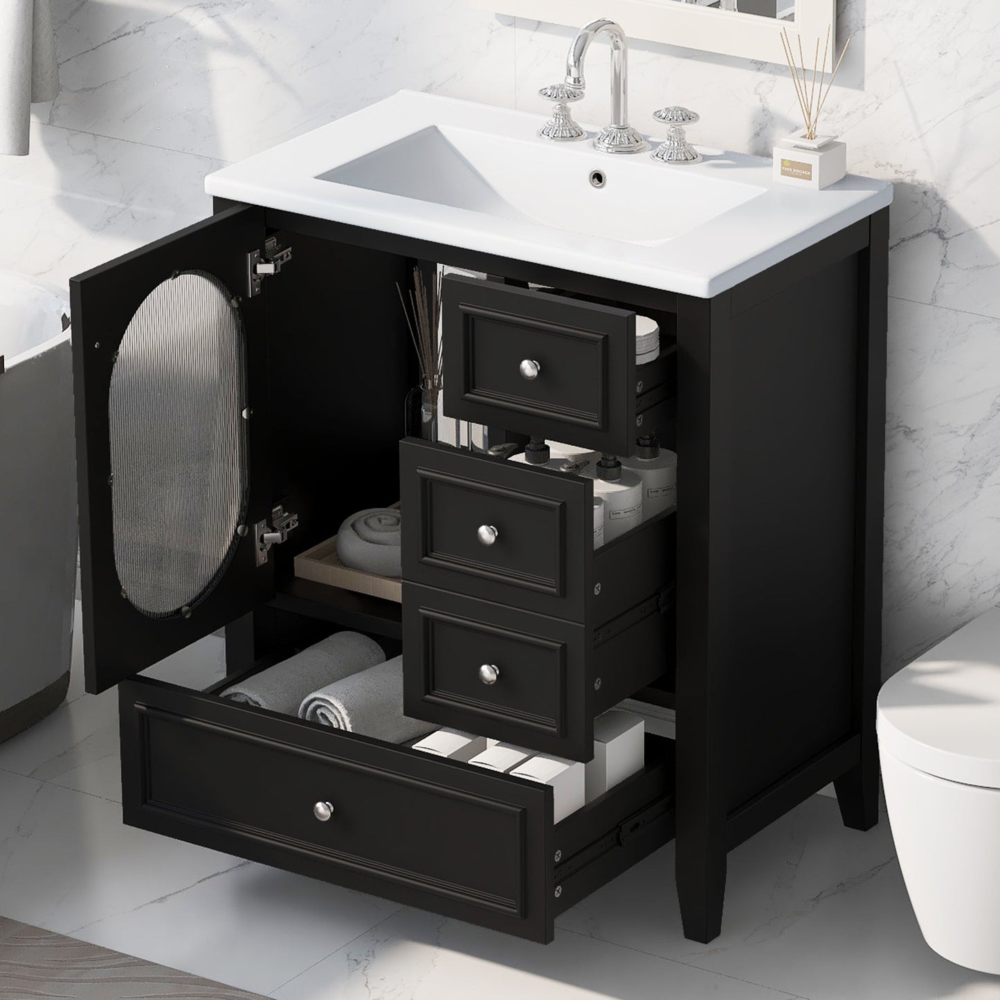 Meuble de salle de bain noir de 30" avec évier et rangement