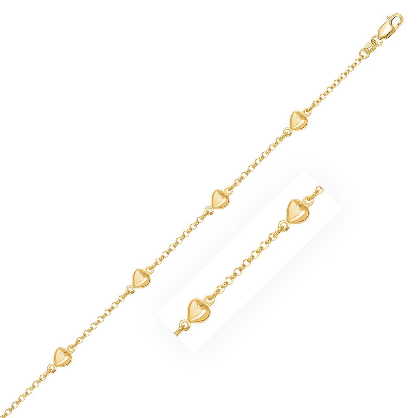 14k Yellow Gold Rolo Chain Bracelet with Heart Stations