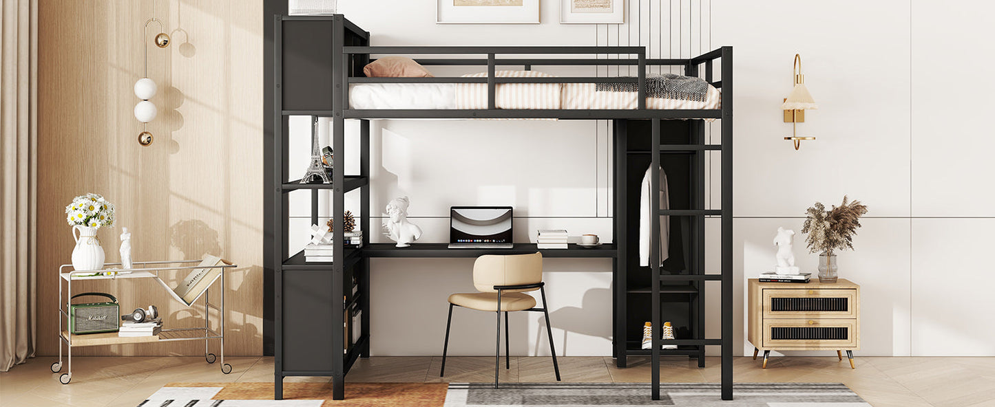 Lit mezzanine en métal premium avec armoire et bureau