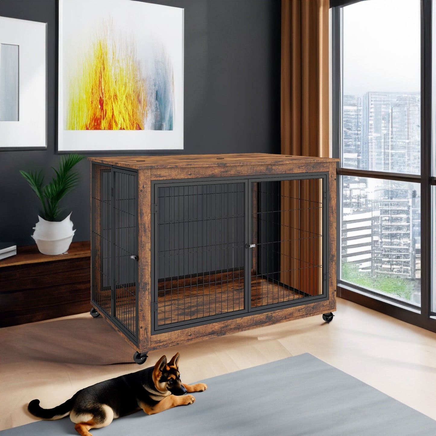 Rustic Brown Furniture Style Dog Crate Side Table on Wheels