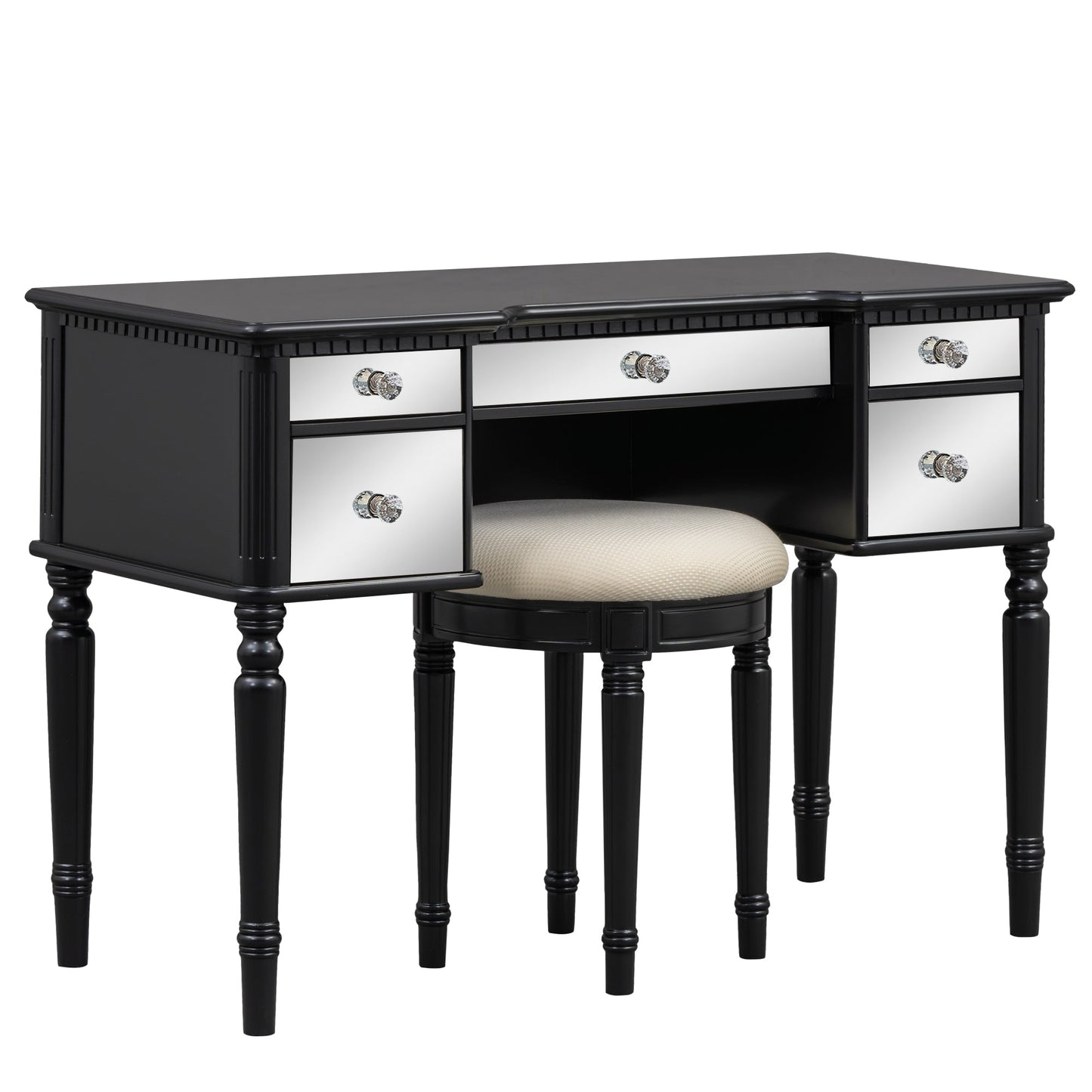 GO 43" Dressing Table Set with Mirrored Drawers and Stool, Tri-fold Mirror, Makeup Vanity Set for Bedroom, Black - Korvel