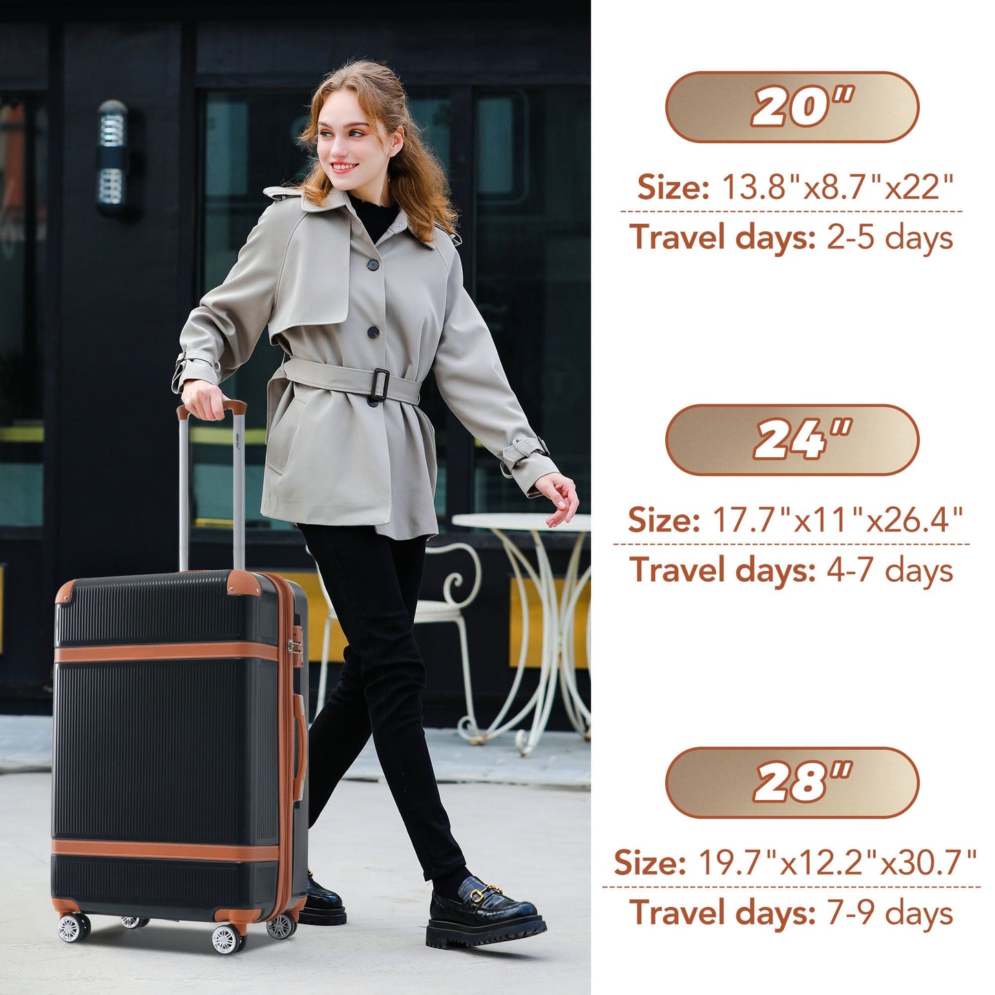 Hardshell Luggage Sets 3 Piece double spinner 8 wheels Suitcase with TSA Lock Lightweight 20''24''28'' Black + ABS - Korvel