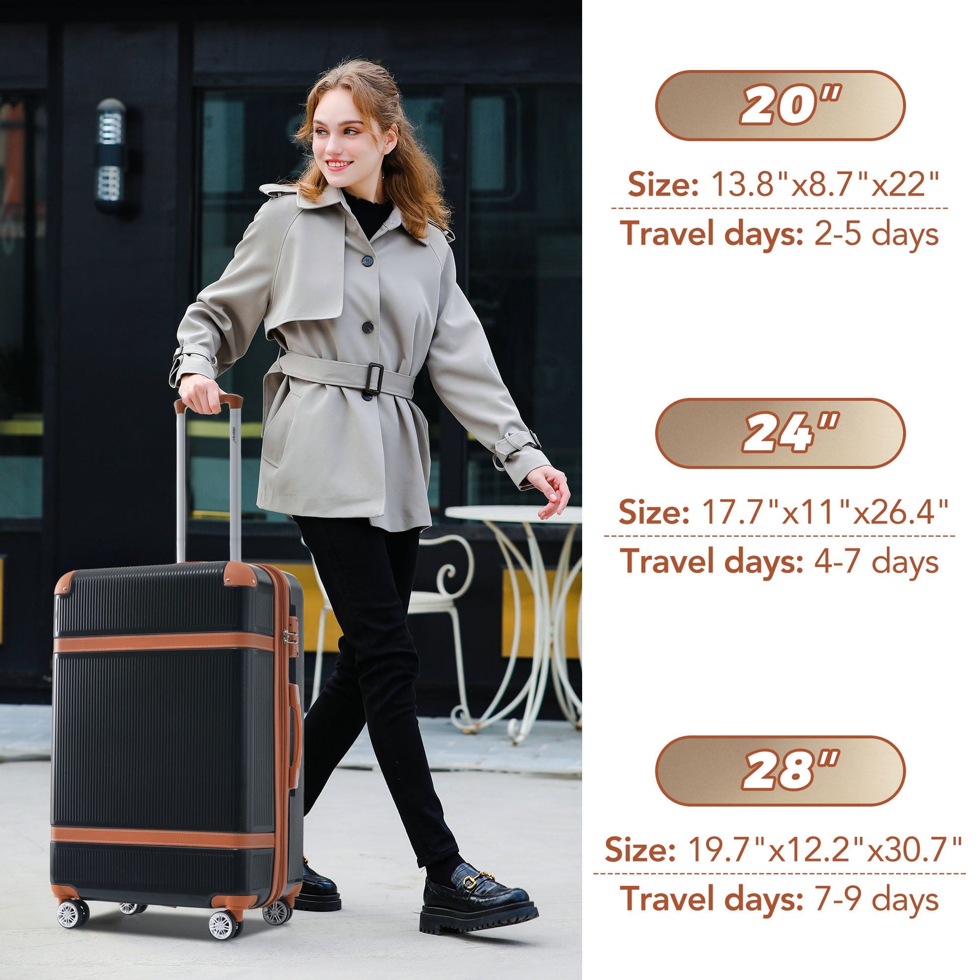 Hardshell Luggage Sets 3 Piece double spinner 8 wheels Suitcase with TSA Lock Lightweight 20''24''28'' Black + ABS - Korvel