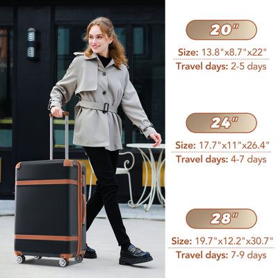 Hardshell Luggage Sets 3 Piece double spinner 8 wheels Suitcase with TSA Lock Lightweight 20''24''28'' Black + ABS - Korvel