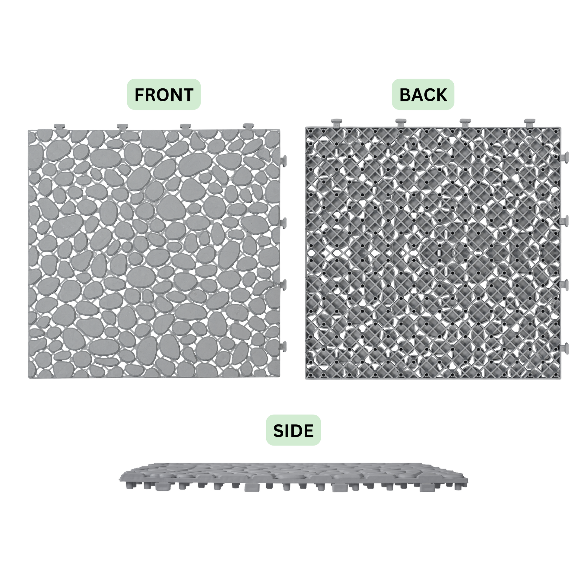 12 x 12 inch gray interlocking deck tiles, plastic waterproof pebble pattern, pack of 12 pieces - Korvel
