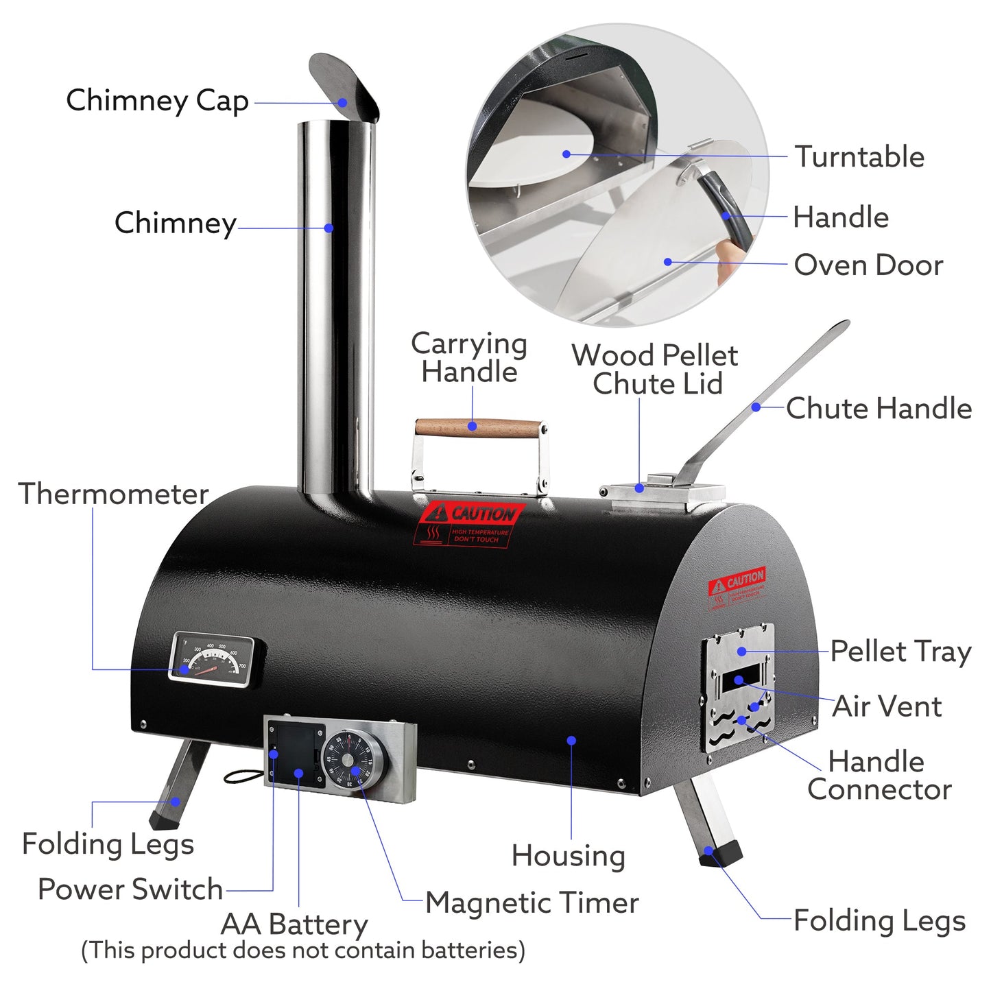 Black Pizza Oven Outdoor 12" Automatic Rotatable Pizza Ovens Portable Stainless Steel Wood Fired Pizza Oven Pizza Maker - Korvel