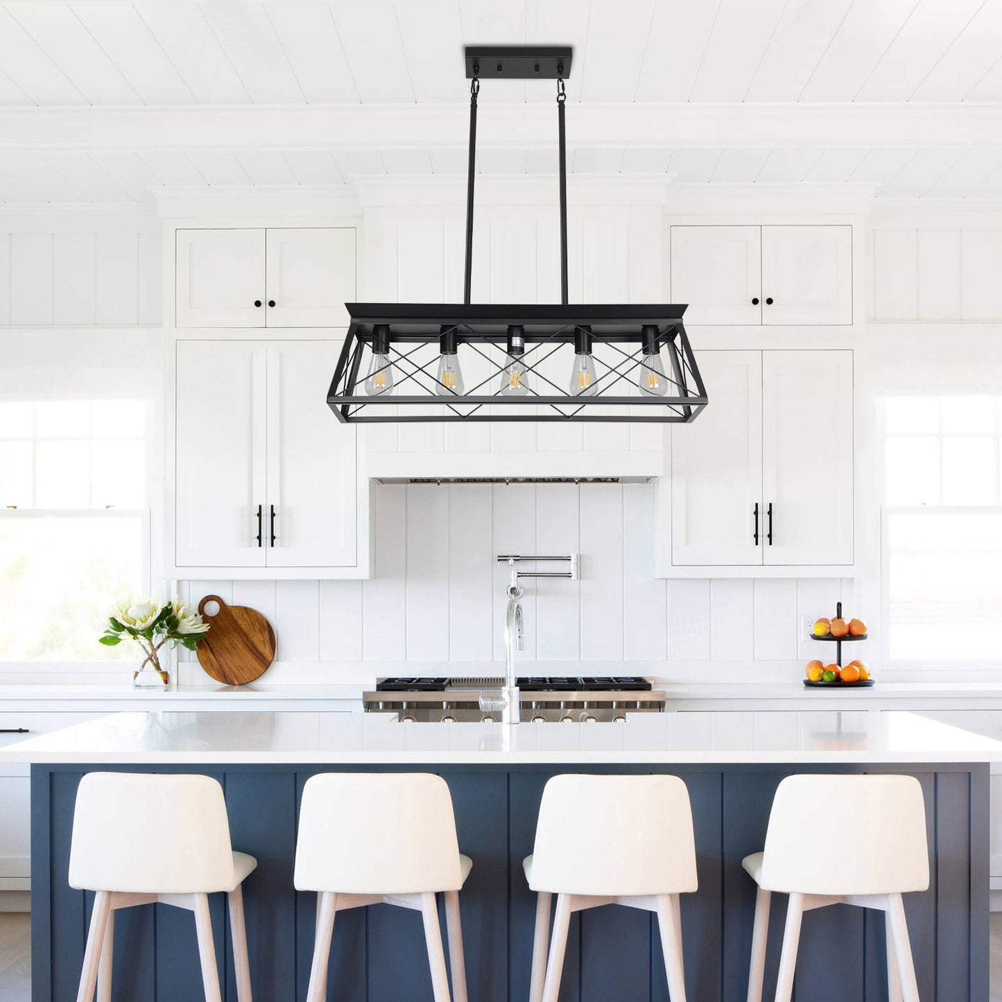 5-light farmhouse pendant light, metal pendant light island fixture, modern rectangular island light, pure black (no bulb) - Korvel