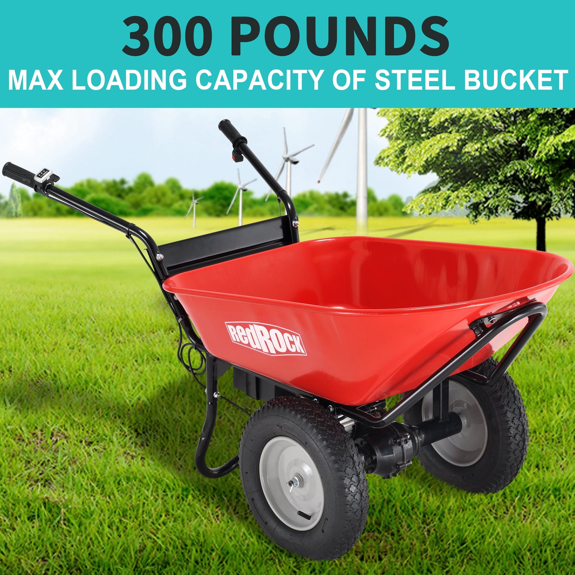 Red Rock Wheelbarrow Utility Cart Electric Powered AGM Battery 330lbs (150kgs) Max Capacity Barrel Dump Material Debris Hauler - Korvel