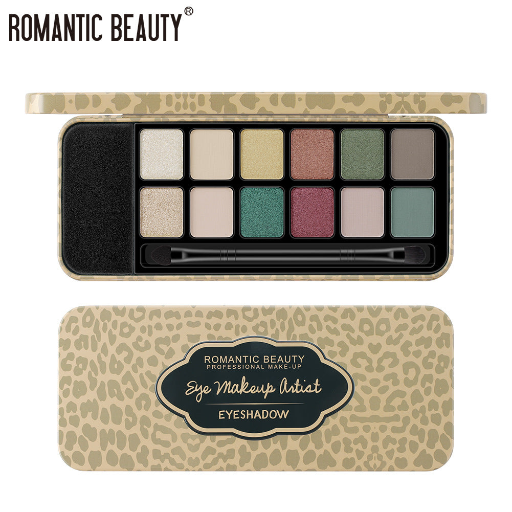 Romantic Beauty 12 Colors Leopard Eyeshadow Makeup Pearl Matte Finishing Eyeshadow Palette Brush - Korvel