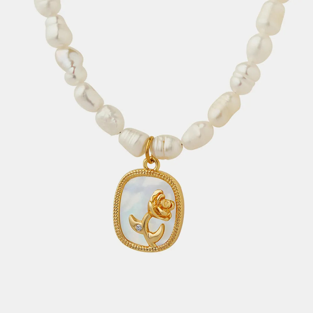French Baroque freshwater pearl chain oval plate inlaid with zircon colored shell relief flower necklace - Korvel