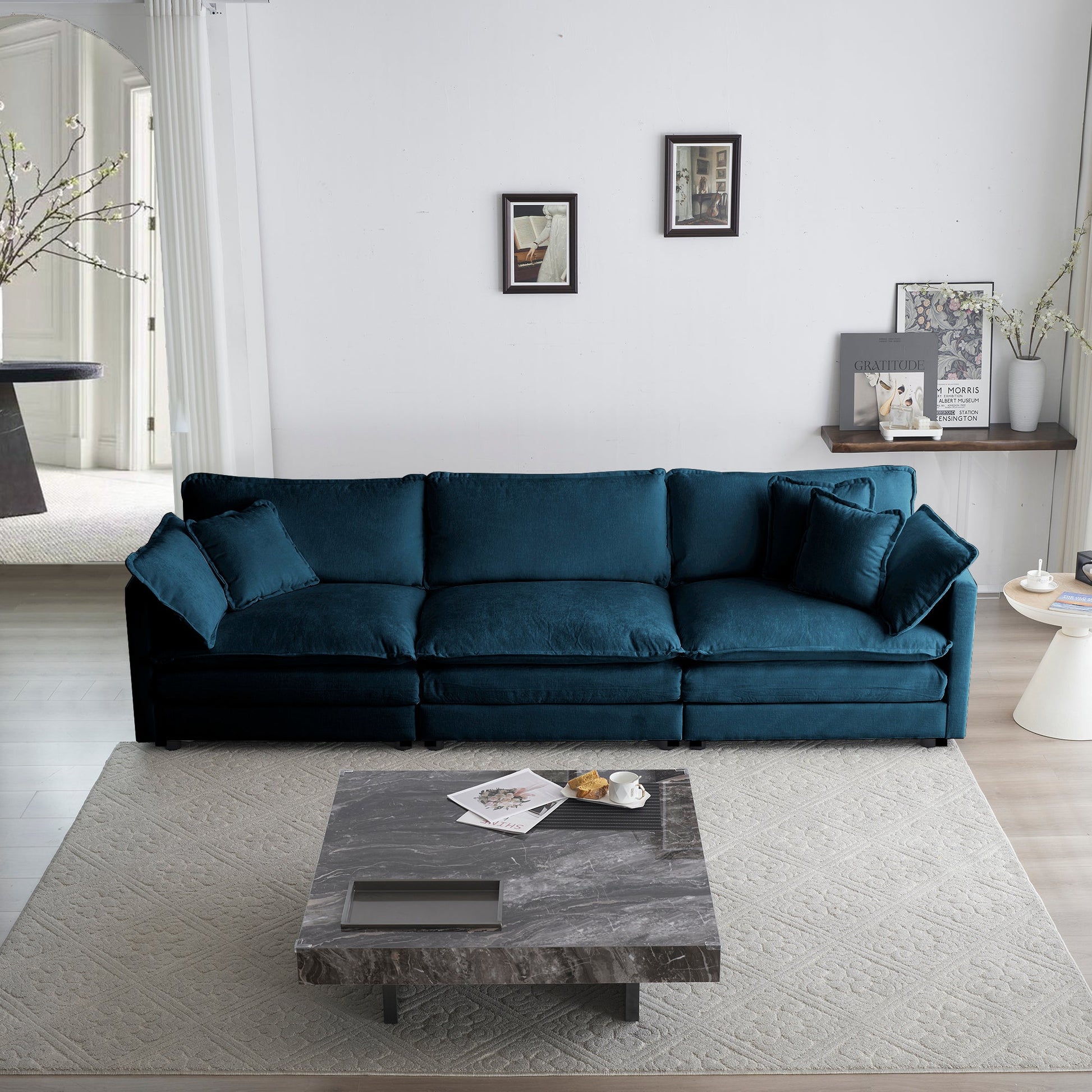 Mid-Century Modern Couch 3-Seater Sofa with 2 Armrest Pillows and 3 Toss Pillows, Couch for Living Room Blue Chenille - Korvel
