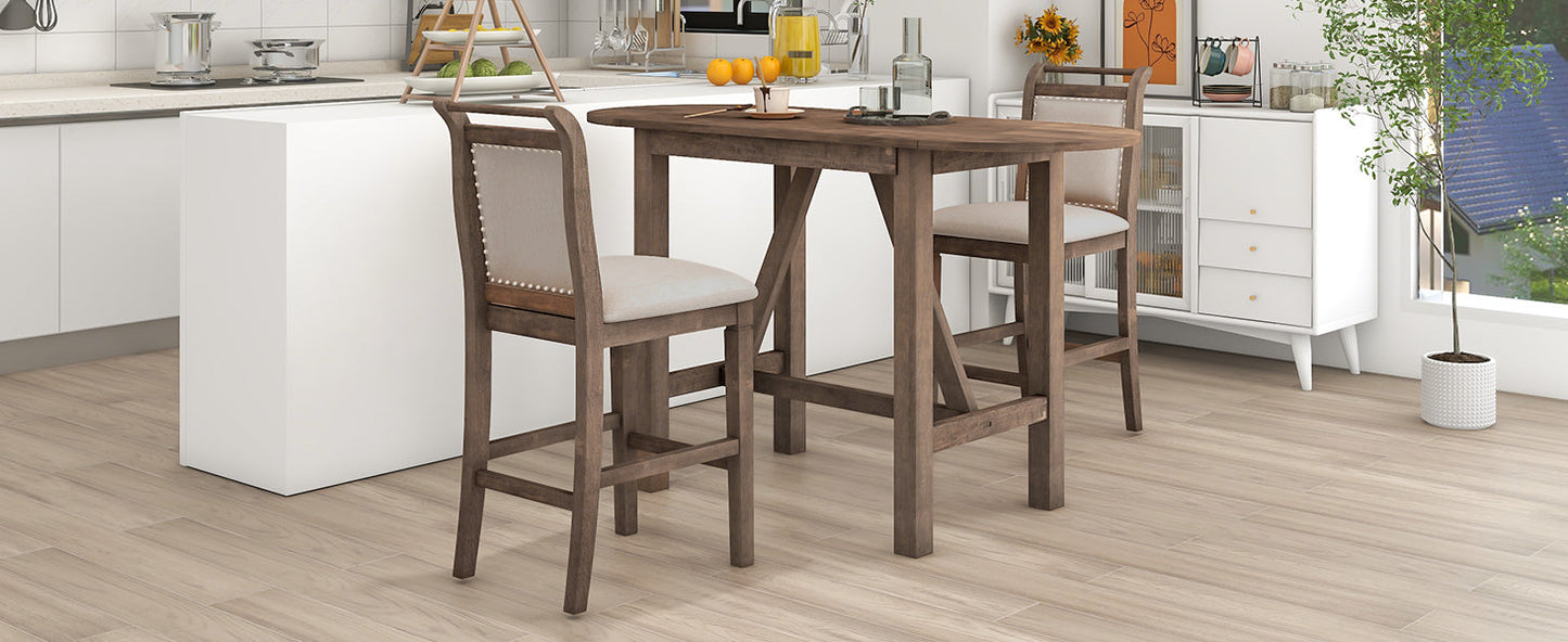 TOPMAX 3-Piece Wood Counter Height Drop Leaf Dining Table Set with 2 Upholstered Dining Chairs for Small Place, Brown - Korvel