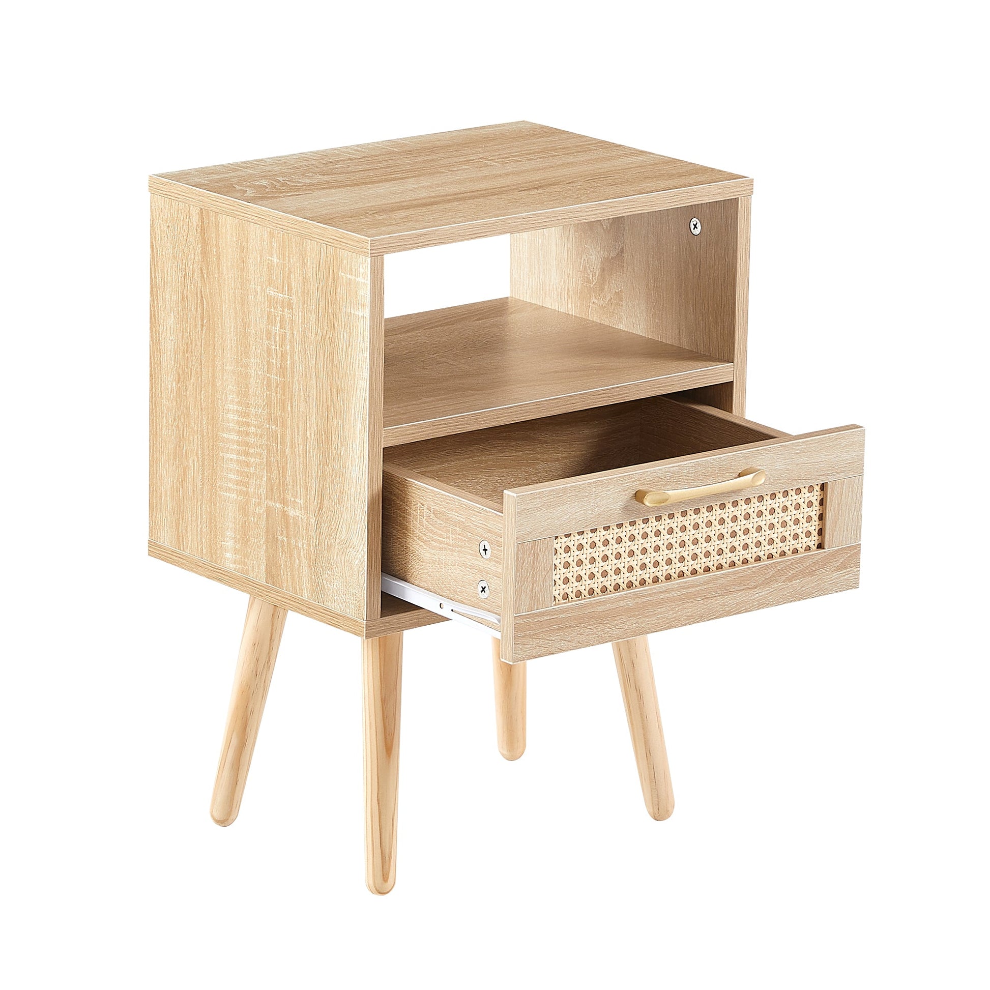 15.75" Rattan End table with drawer and solid wood legs Modern nightstand side table for living room natural - Korvel