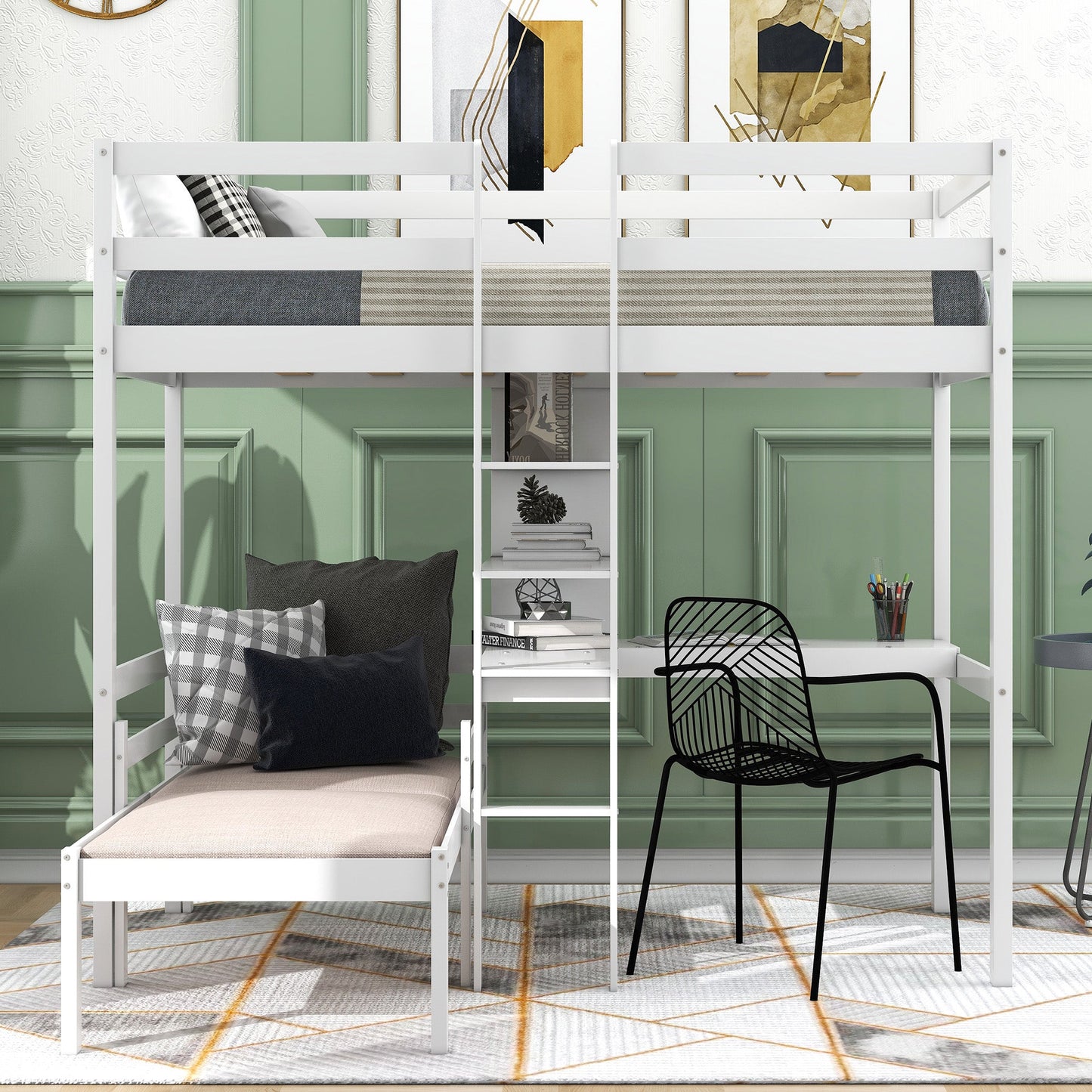 Convertible Loft Bed with L-Shape Desk, Twin Bunk Bed with Shelves and Ladder White - Korvel