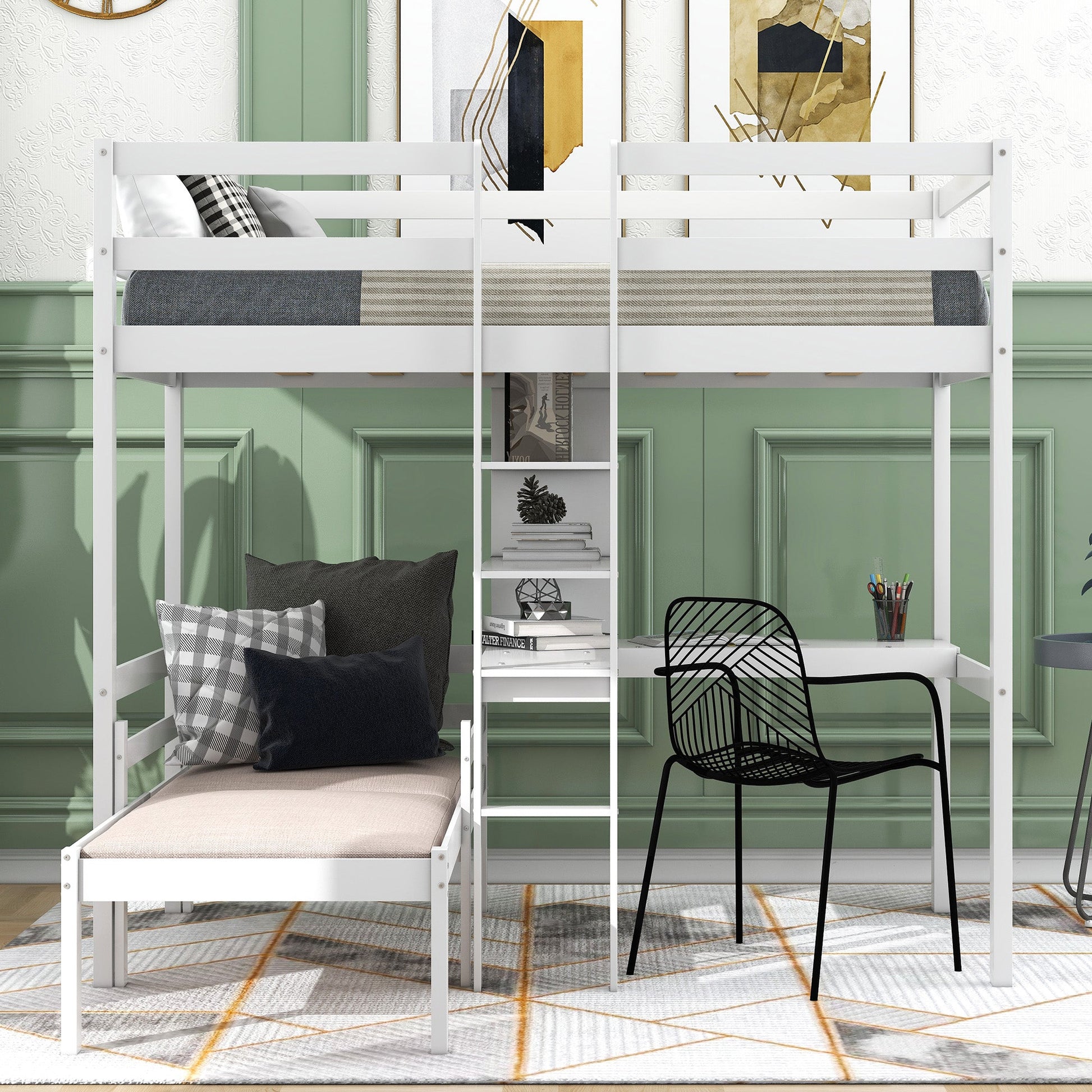 Convertible Loft Bed with L-Shape Desk, Twin Bunk Bed with Shelves and Ladder White - Korvel